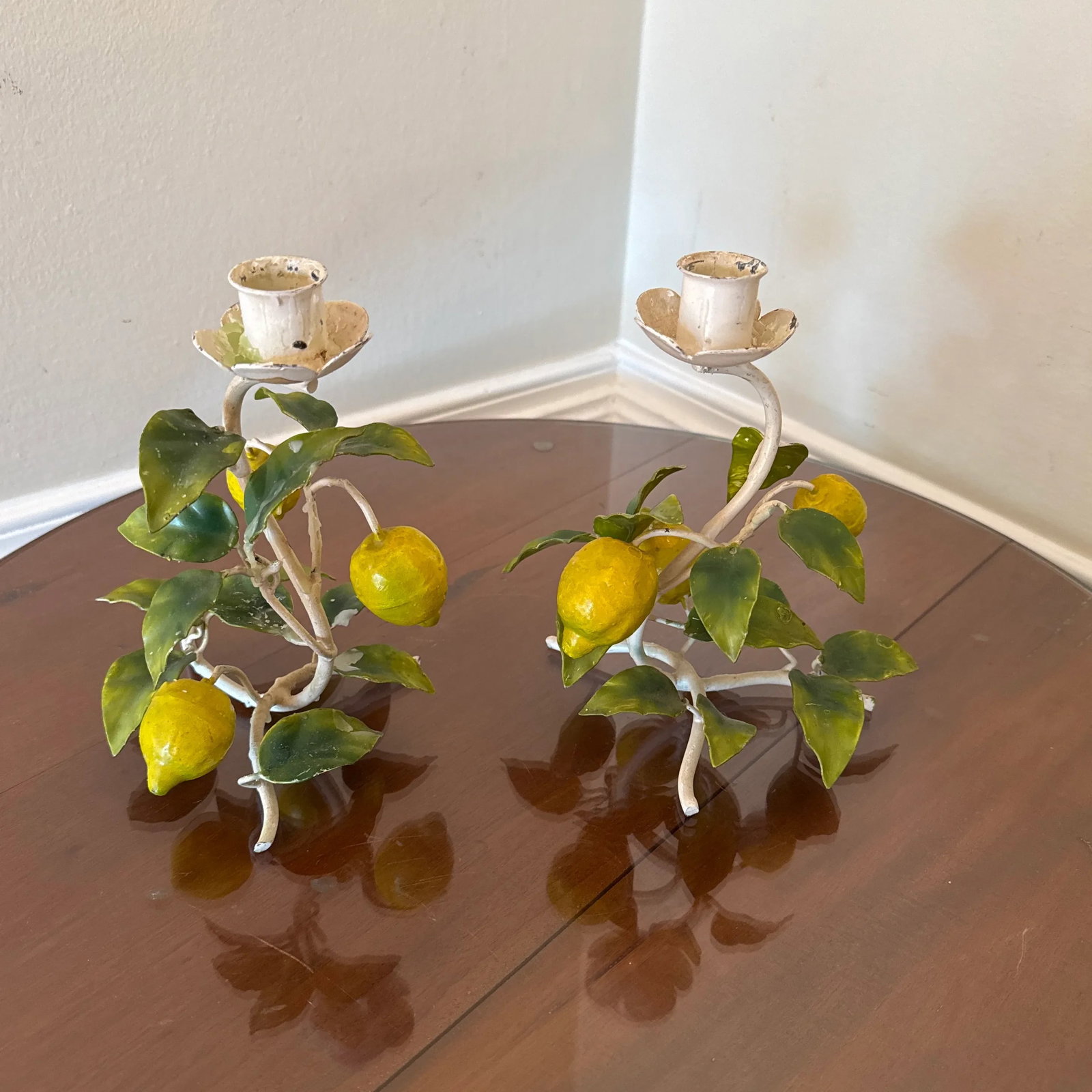 Vintage Italian Painted Lemon Tree Tole Candlestick - a Pair - 11