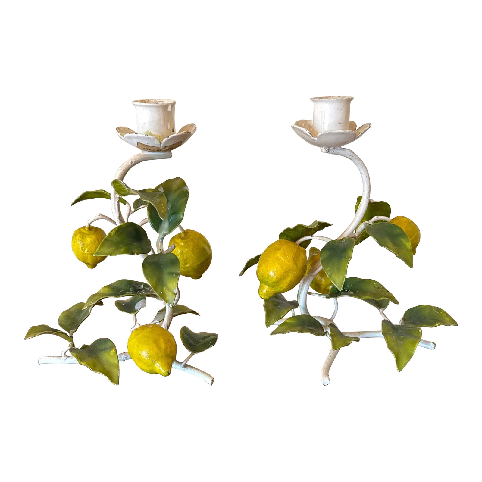 Vintage Italian Painted Lemon Tree Tole Candlestick - a Pair: A pair of Italian Tole Peinte metal candle holders in the Hollywood Regency style popularized by Dorothy Draper. Fresh from a Atlanta Georgia estate, circa 1930-1950. The pair, made of hand-painted