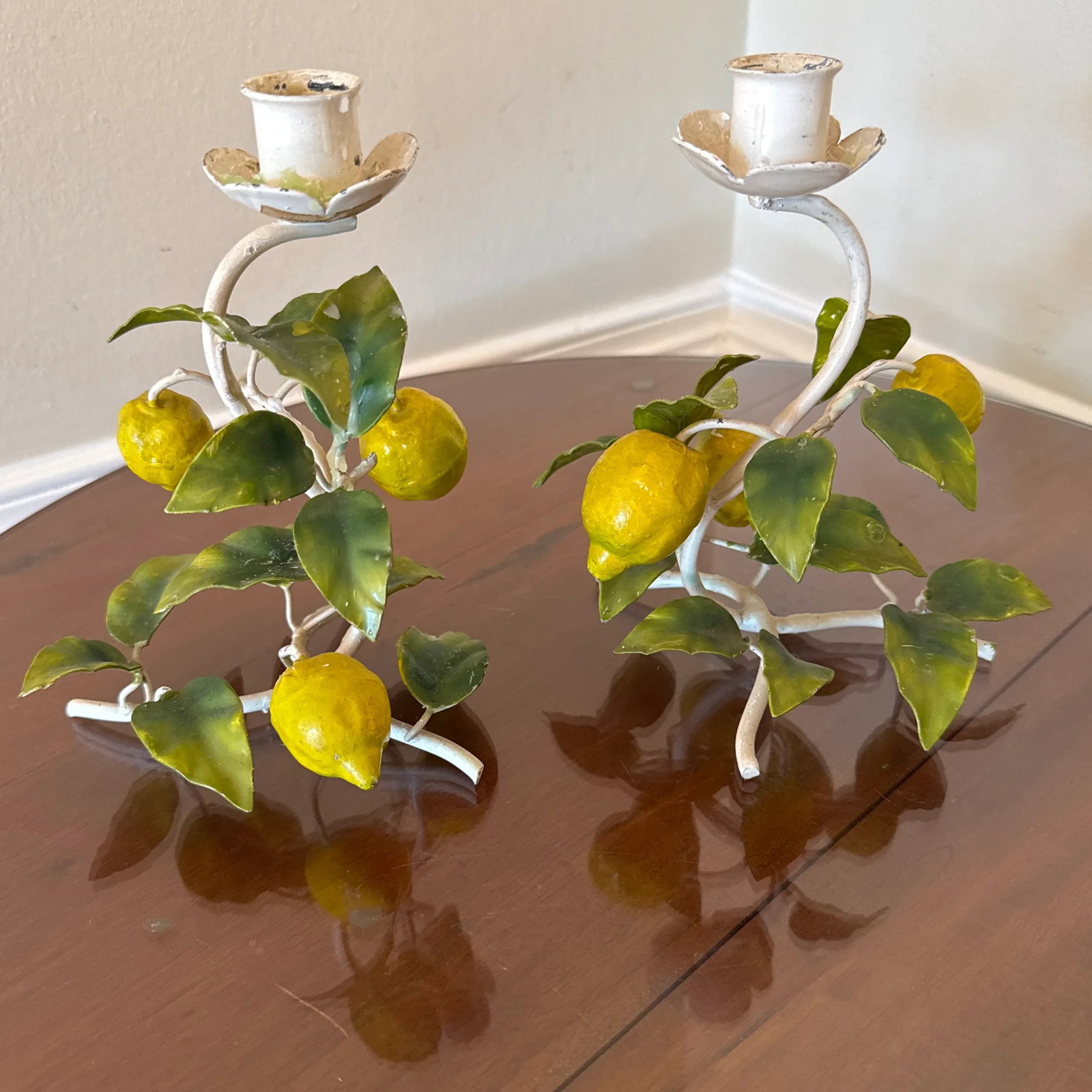 Vintage Italian Painted Lemon Tree Tole Candlestick - a Pair - 2