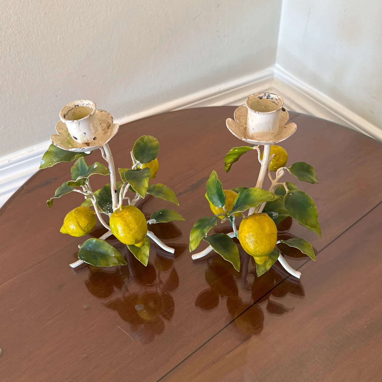 Vintage Italian Painted Lemon Tree Tole Candlestick - a Pair - 3