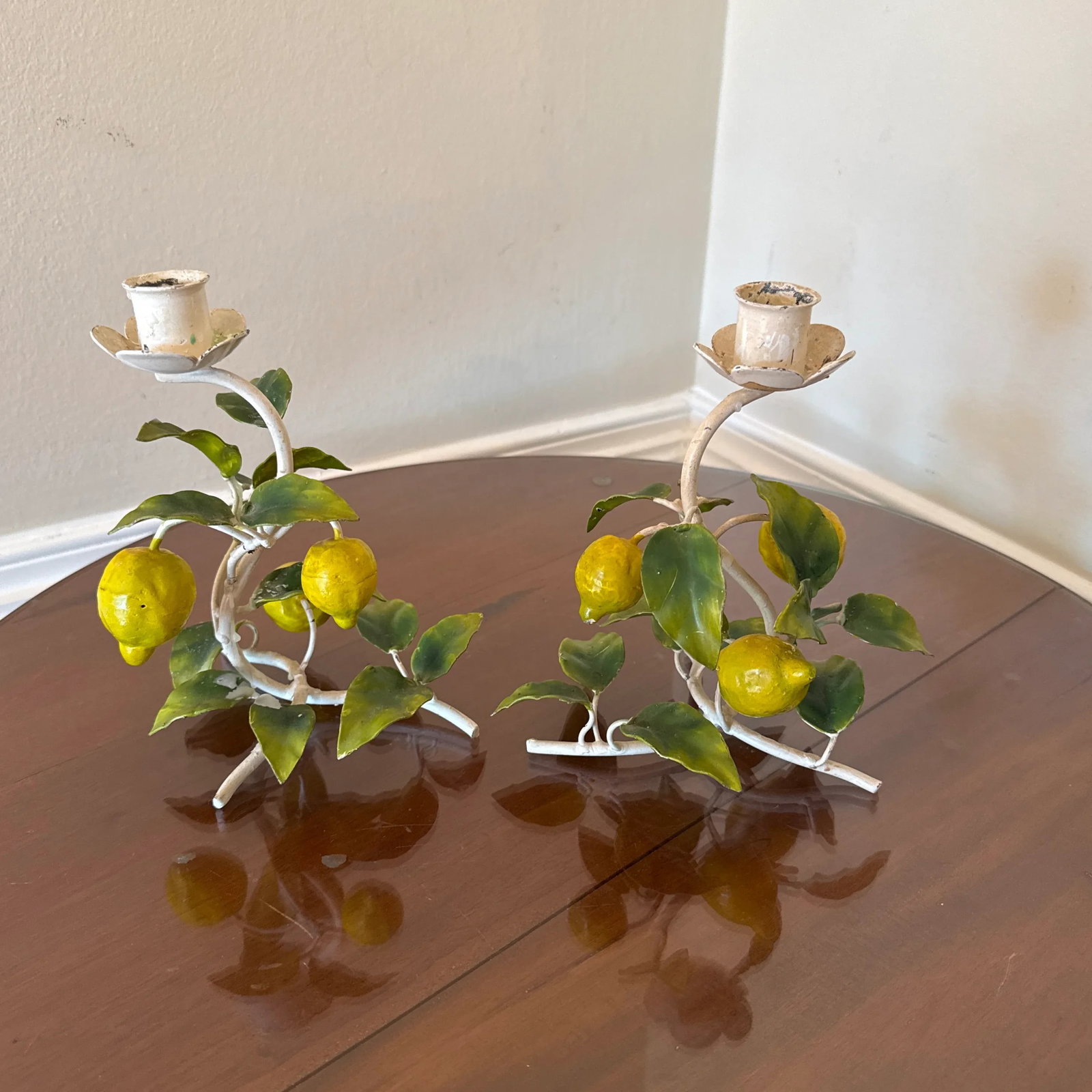 Vintage Italian Painted Lemon Tree Tole Candlestick - a Pair - 4