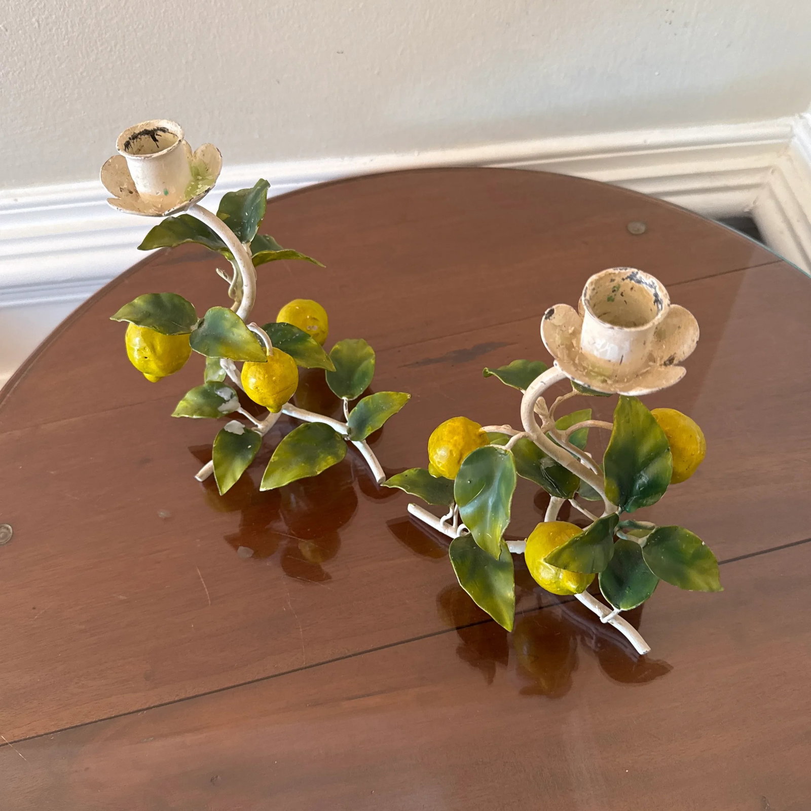 Vintage Italian Painted Lemon Tree Tole Candlestick - a Pair - 6