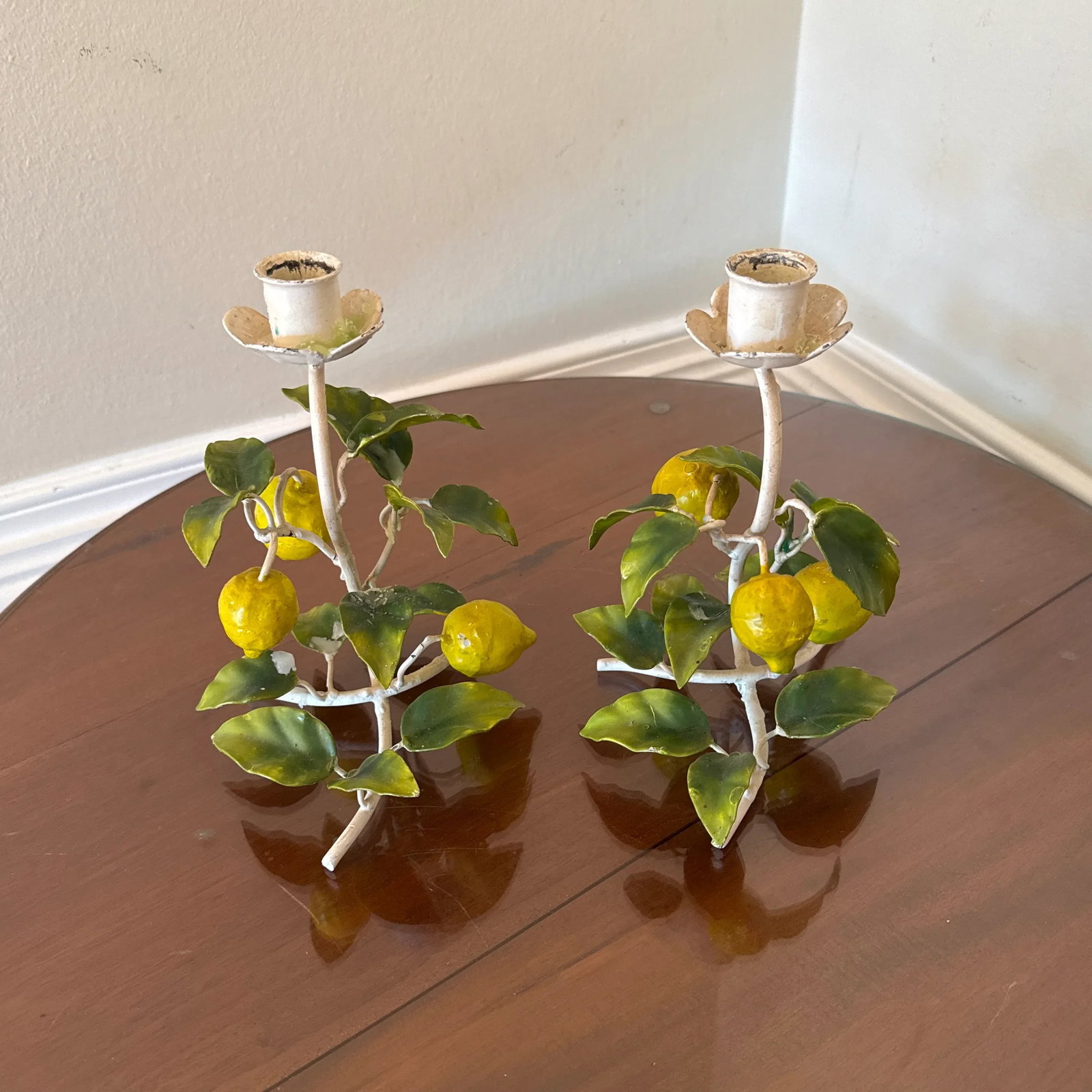 Vintage Italian Painted Lemon Tree Tole Candlestick - a Pair - 7