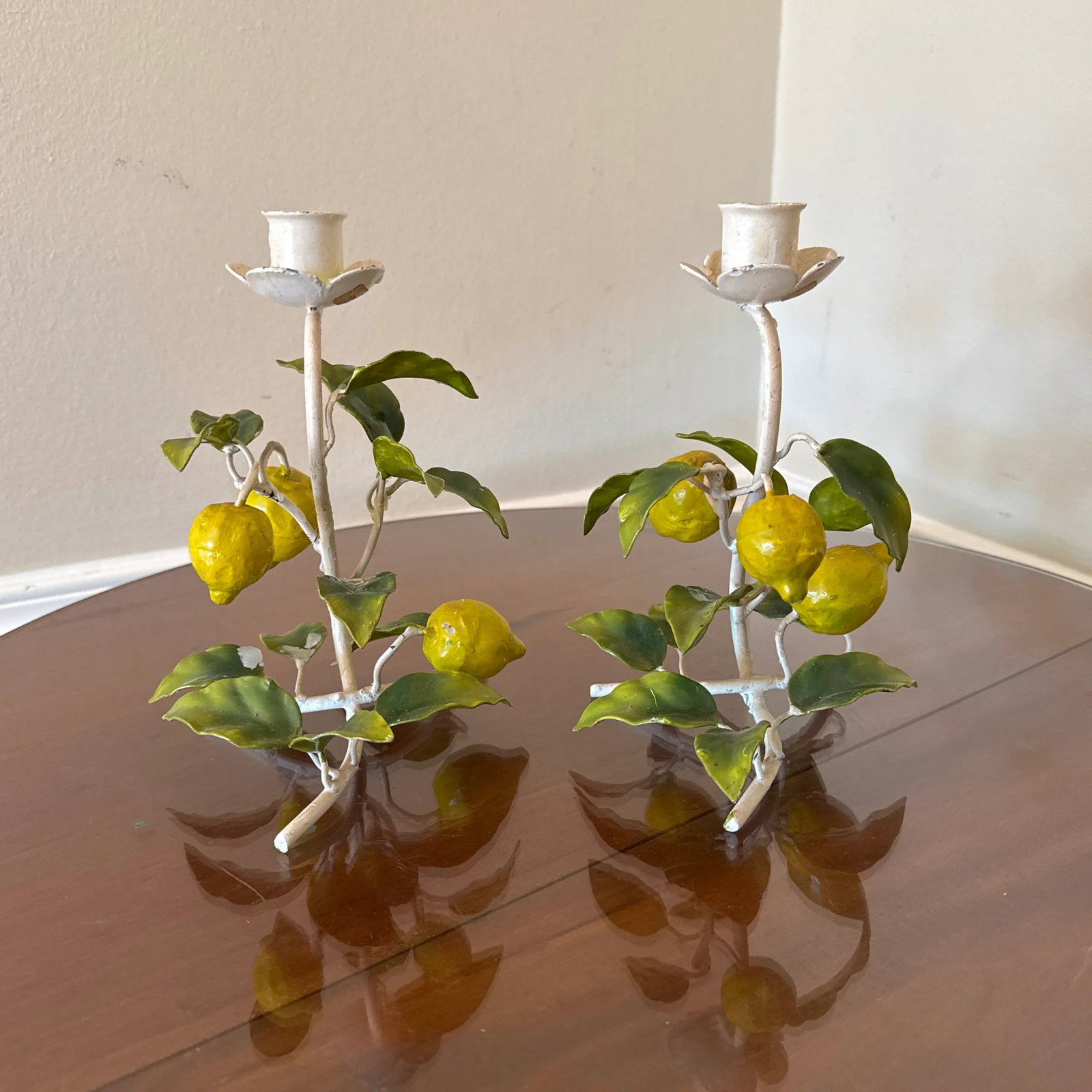 Vintage Italian Painted Lemon Tree Tole Candlestick - a Pair - 8