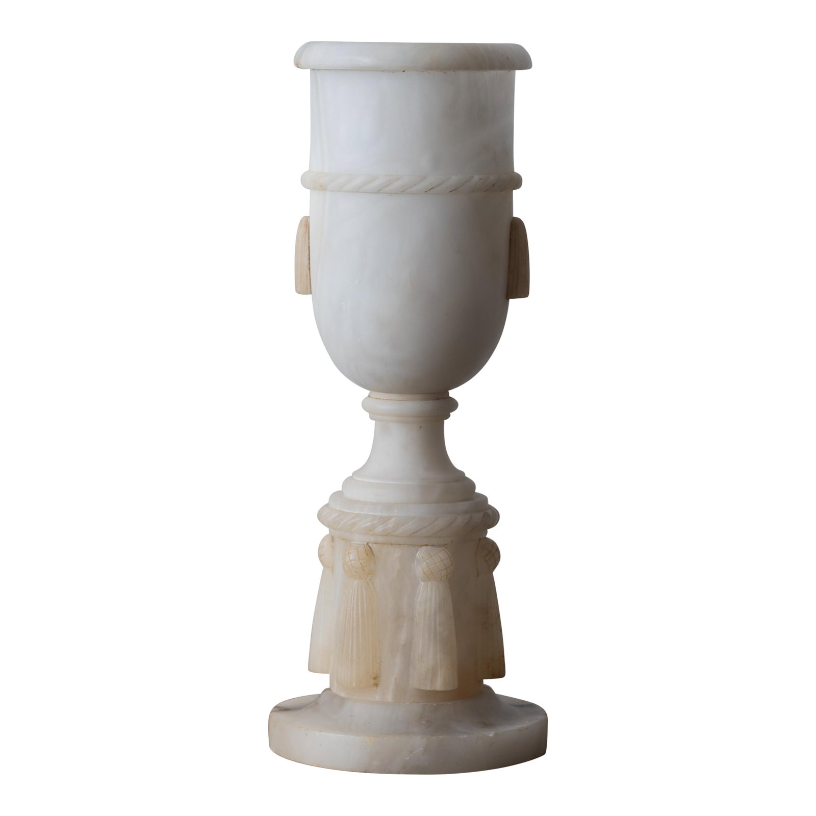 Alabaster Urn Lamp: A neoclassical alabaster urn lamp, France, early 20th century. 5 1/2 inches wide by 4 1/2 inches deep by 10 1/2 inches to top of alabaster; 22 1/4 inches tall to top of finial Condition: Alterations: