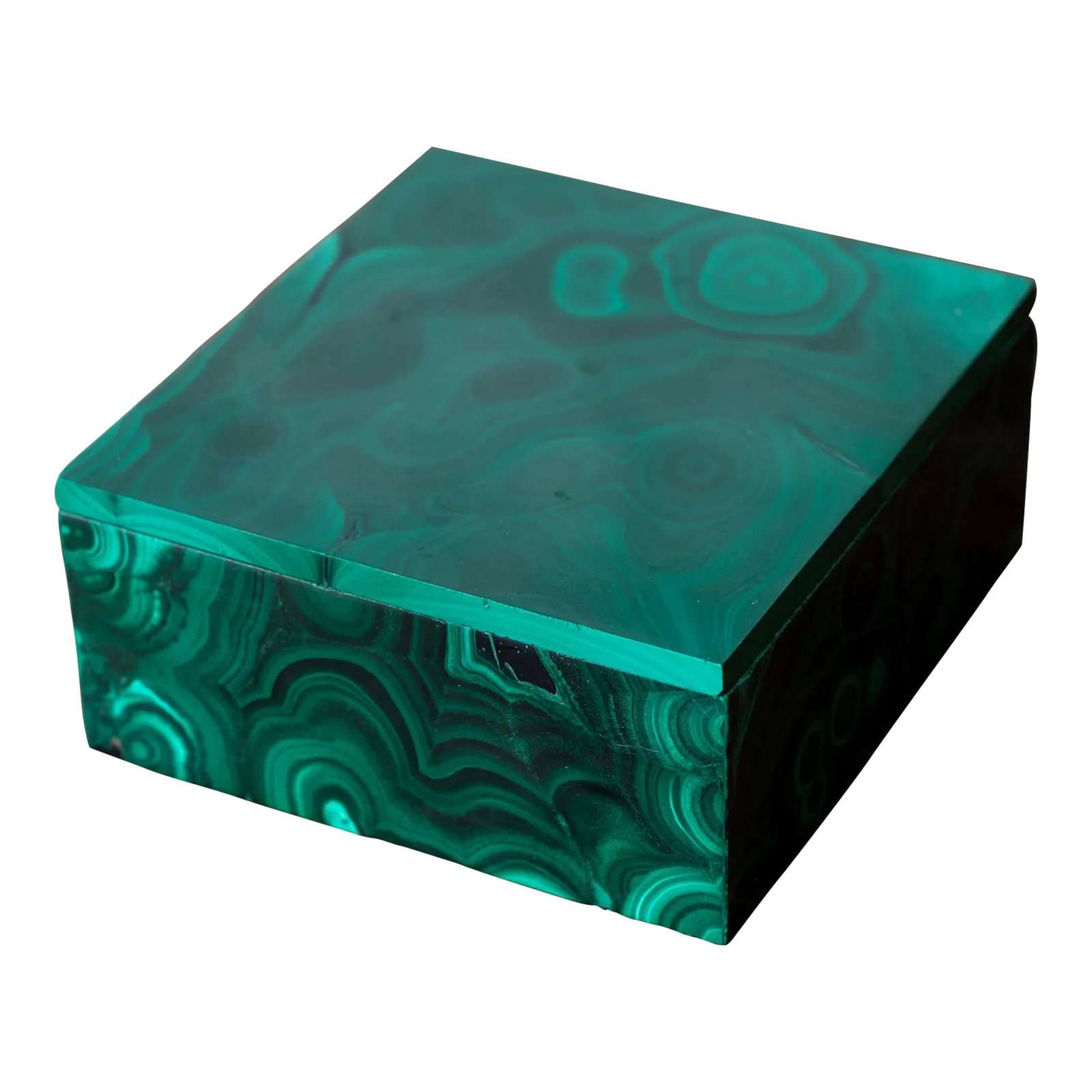 Malachite Box: A small malachite box. 3 1/4 by 3 3/8 by 1 1/2 inches tall Condition: Alterations: Original Condition Unaltered Imperfections: Some Imperfections Condition Notes: Good overall. Fracture or repair line