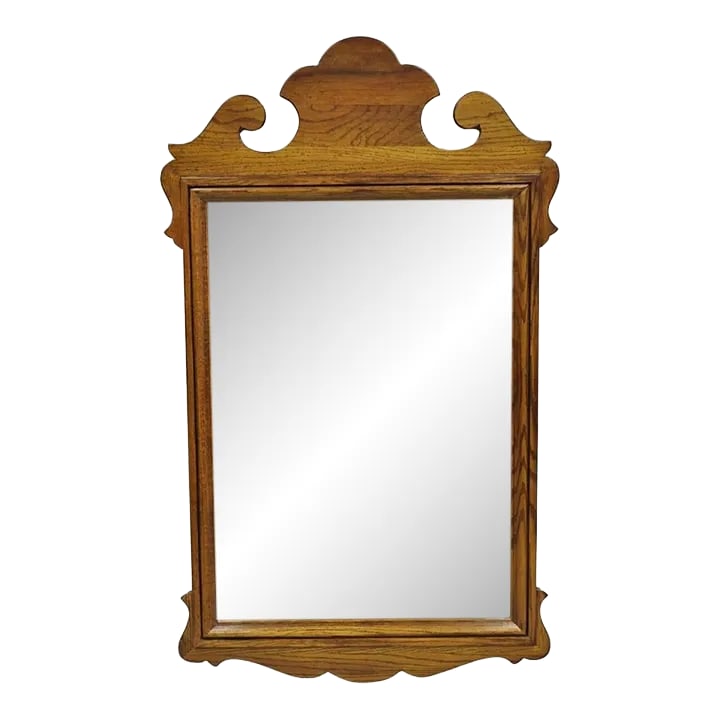 Vintage Ethan Allen Canterbury Oak Wood Colonial Style Beveled Glass Mirror: Vintage Ethan Allen Canterbury Oak Wood Colonial Style Beveled Glass Mirror. Circa Late 20th Century. Measurements: 52" H x 31.5" W x 1" D. Condition: Alterations: Original Condition Unaltered