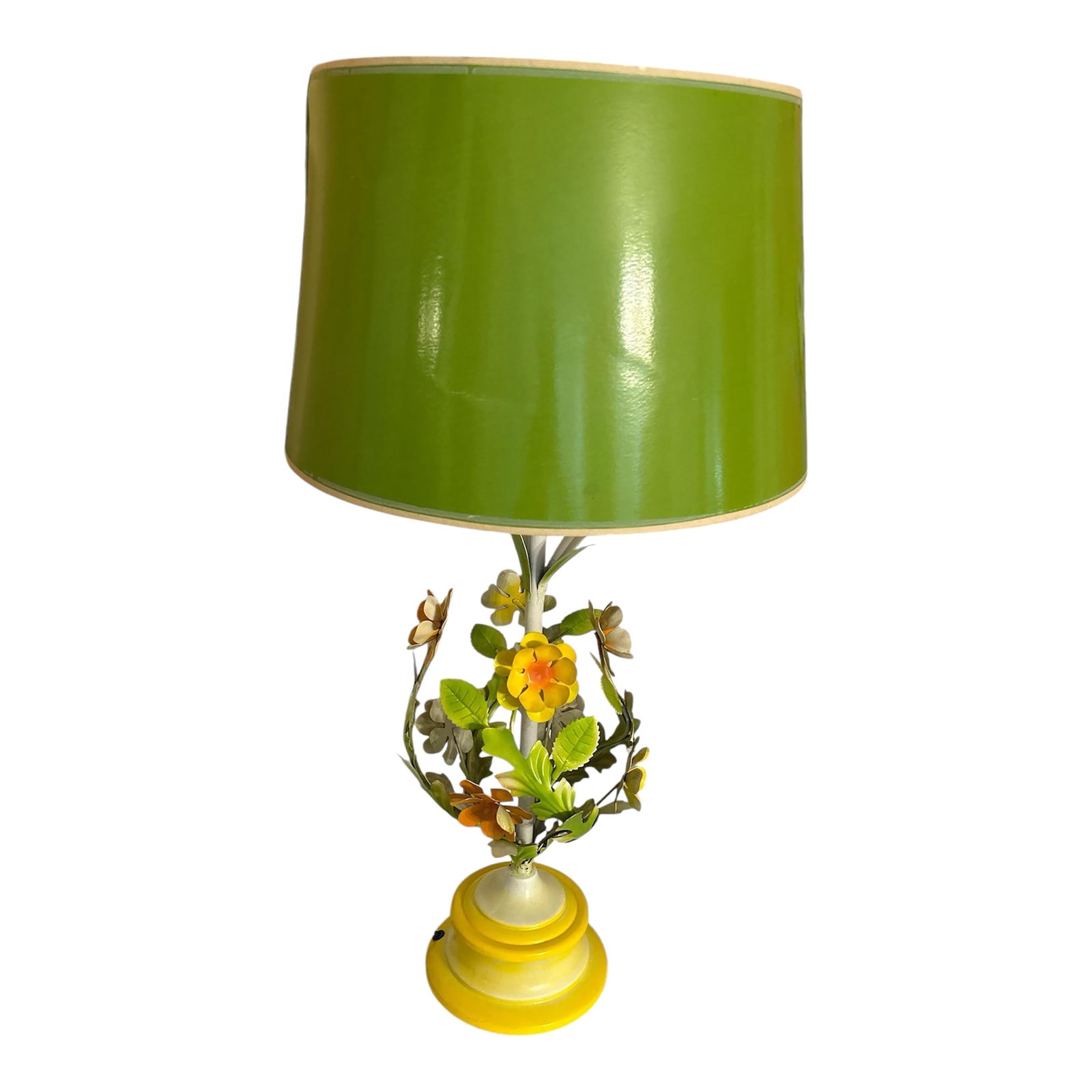 1960's Floral Tole Table Lamp: Fabulous vintage floral lamp. Metal flowers in bright yellows , oranges and greens make this fun retro lamp. It is tall and has a wonderful ball shape to the floral part. Condition: Alterations: