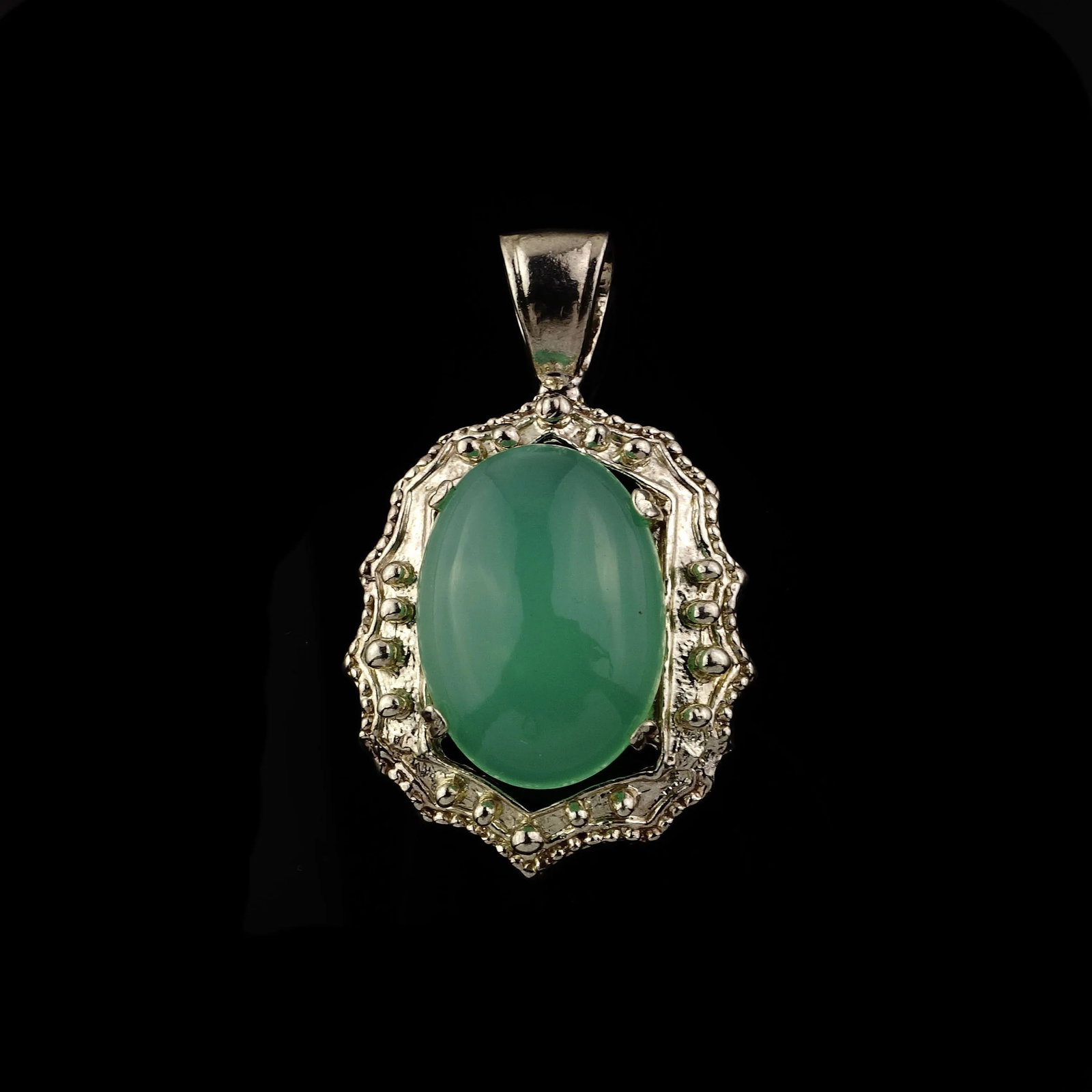 Glowing Translucent Cabochon Chrysophrase in Sterling Silver Pendant - 2