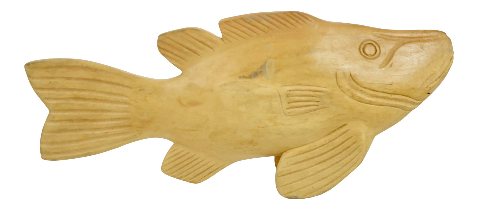 Artisan Carved Wood Fish Figurine: Large 16 inch vintage hand carved wood Koi gold fish with intricate textured features in a natural light gold tan caramel finish. No maker's mark. Light wear and patina. Condition: Alterations: