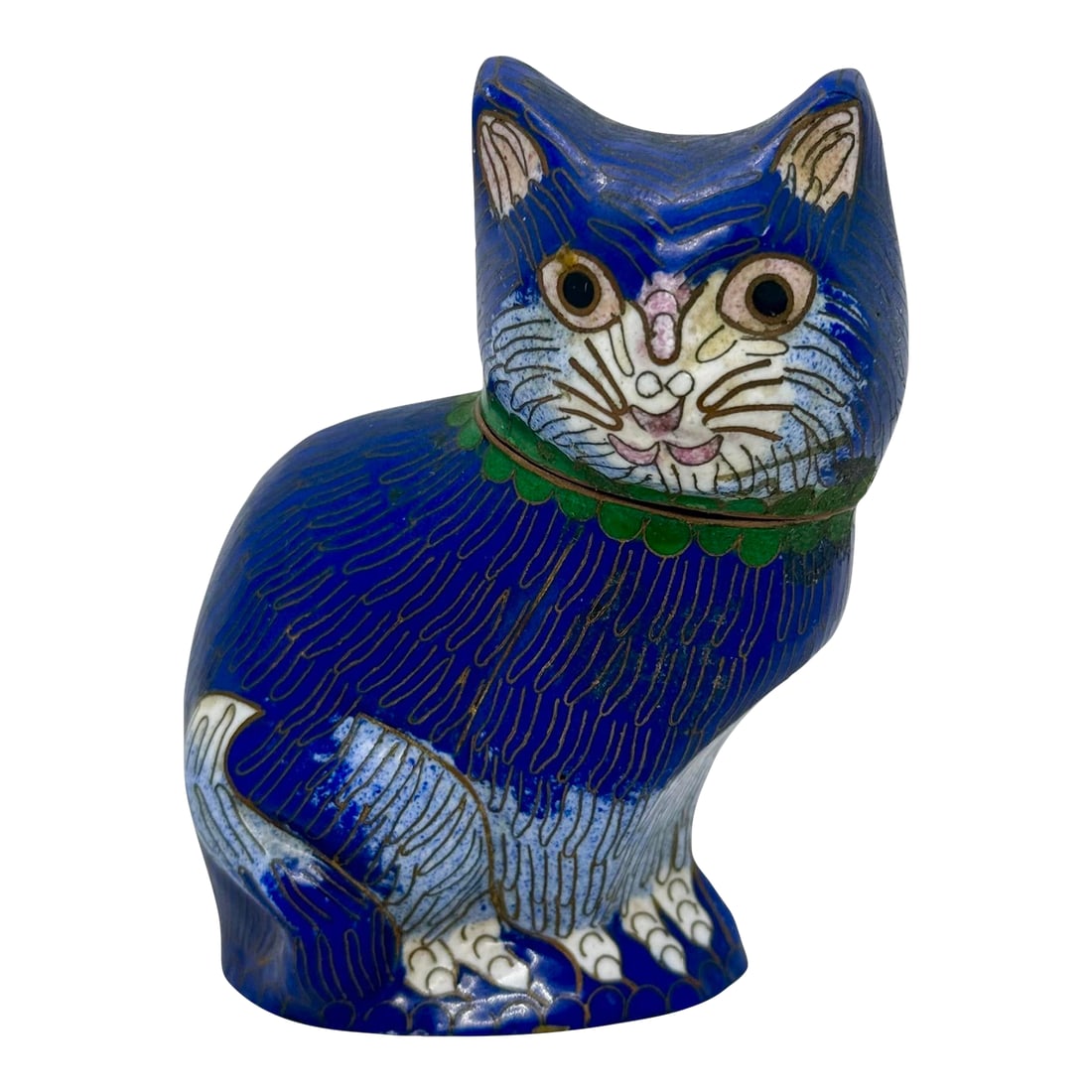 Vintage Blue Enamel on Brass Cloisonne Cat Figurine Jar: Vintage Blue Enamel on Brass Cloisonne 4 1/4" Cat Figurine. Elevate your decor with this charming Vintage Blue Enamel on Brass Cloisonne Cat Figurine, standing at 4 1/4 inches tall. This delightful