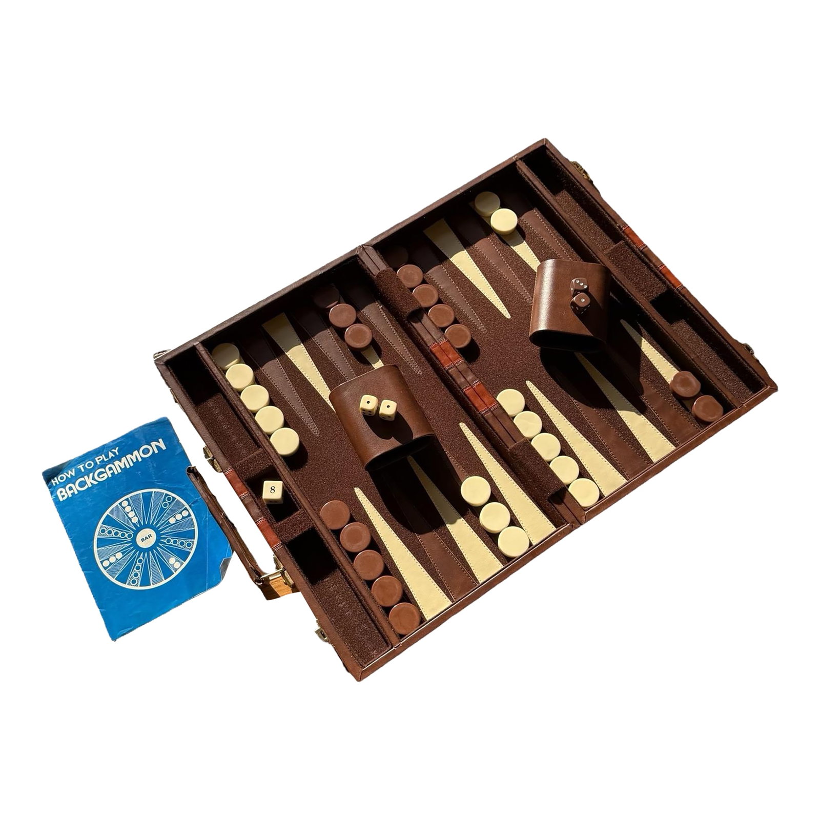 Backgammon Brown Leatherette Handled Case: Offered for sale is a vintage Backgammon Set in a brown and orange leatherette handled case . This complete set includes: 2 dice cups, 5 dice, 15 cream and 15 brown Bakelite game pieces and