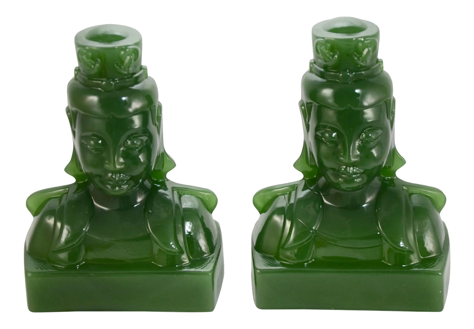 Mid 20th Century Jade Glass Imperial Bookends-a Pair: Large intricately detailed dark jade green vintage glass Chinese imperial bust bookends. Some bubbles and straw marks typical of pressed glass mold production. No maker's marks. Condition: Alterations