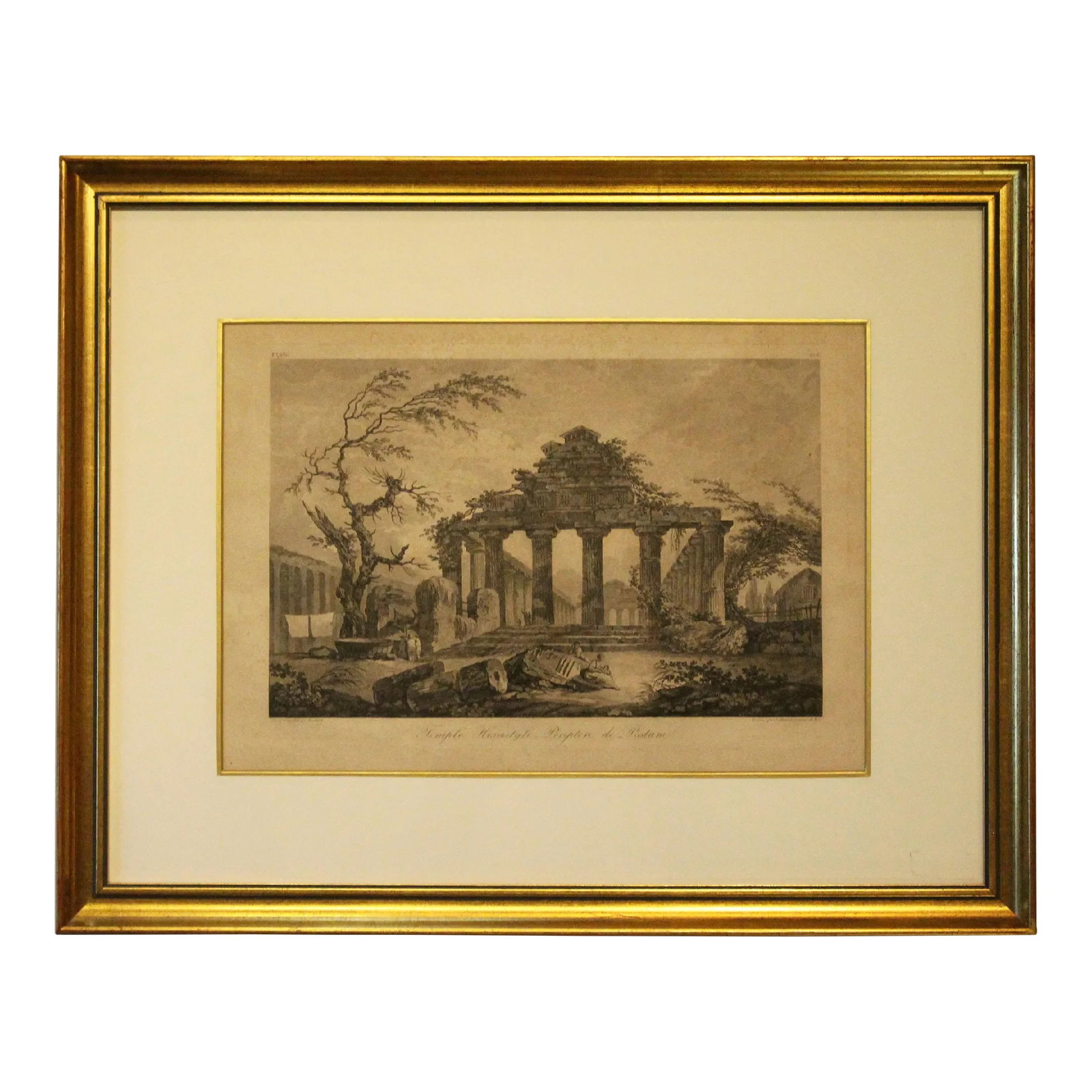 Late 18th Century French Print "Temple Herastyle Periptere De Pestum": Late 18th century print "Temple Herastyle Periptere de Pestum", French. No 381, G.G., Grave a L'eau-forte par Weisbret. Termine par J. Miamet graveur du Roi. From "Voyage Pittoresque Ou Description De