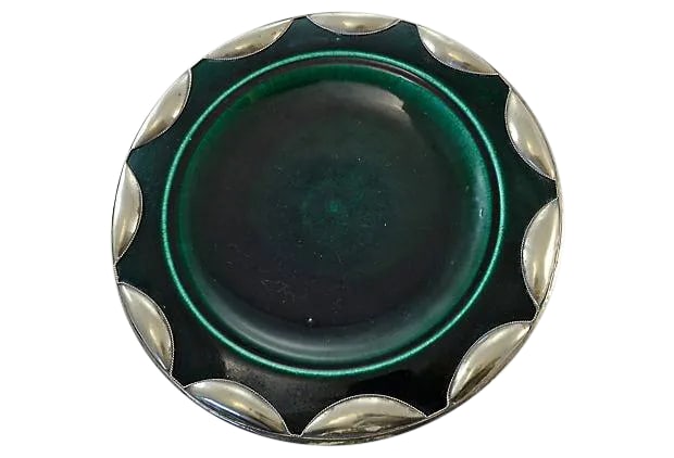 Silver & Emerald Moroccan Bowl: Vintage handmade Moroccan bowl in a deep emerald green glaze with the Tadelakt technique of applied hand tooled nickel silver metal. No maker's mark. Light wear and patina. Condition: Alterations: