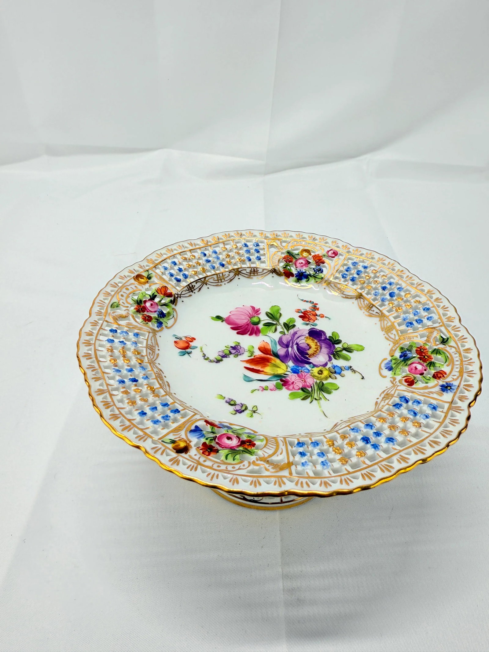 Antique Dresden Floral Encrusted & Pierced Porcelain Compote - 2