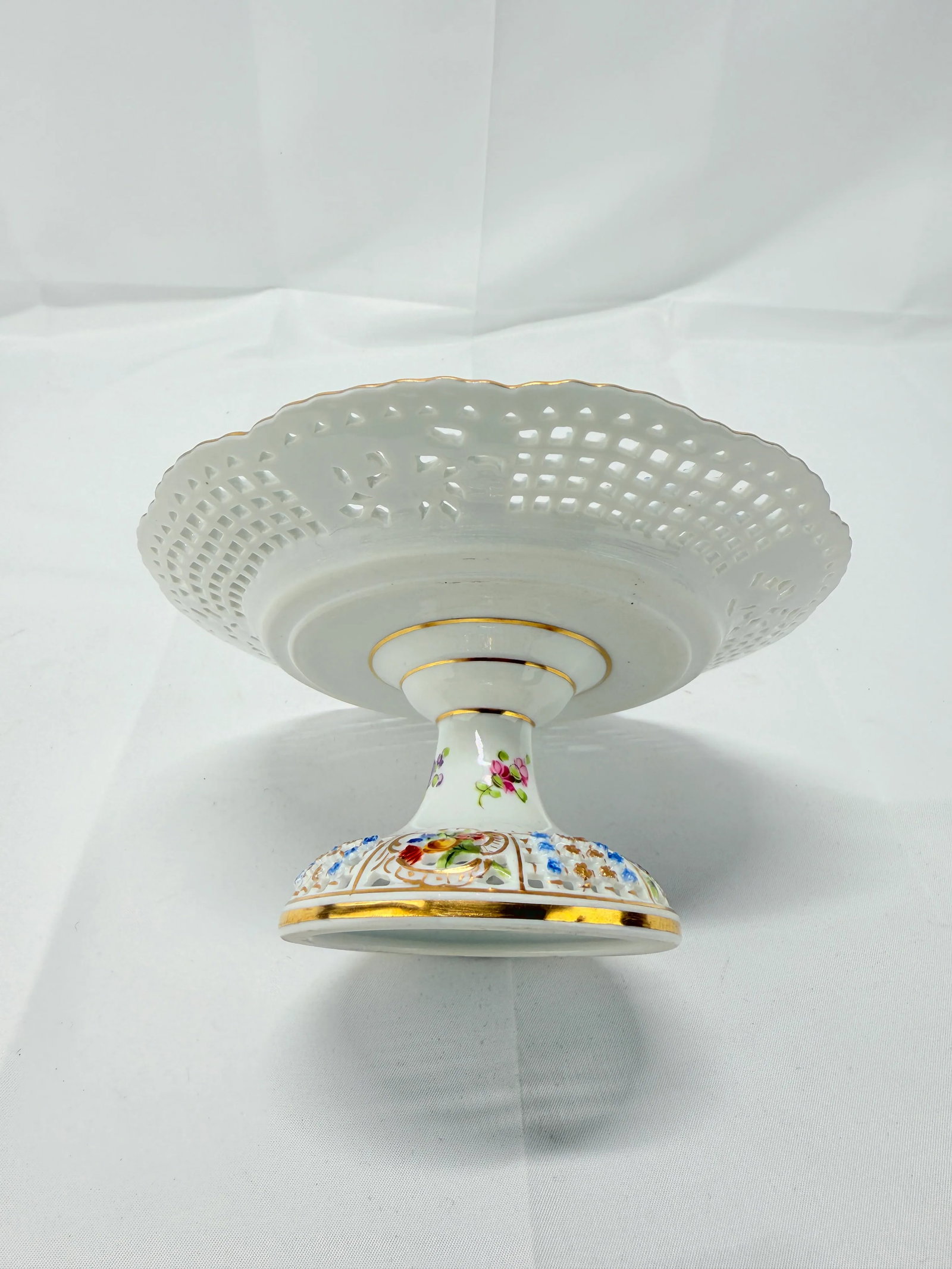 Antique Dresden Floral Encrusted & Pierced Porcelain Compote - 3
