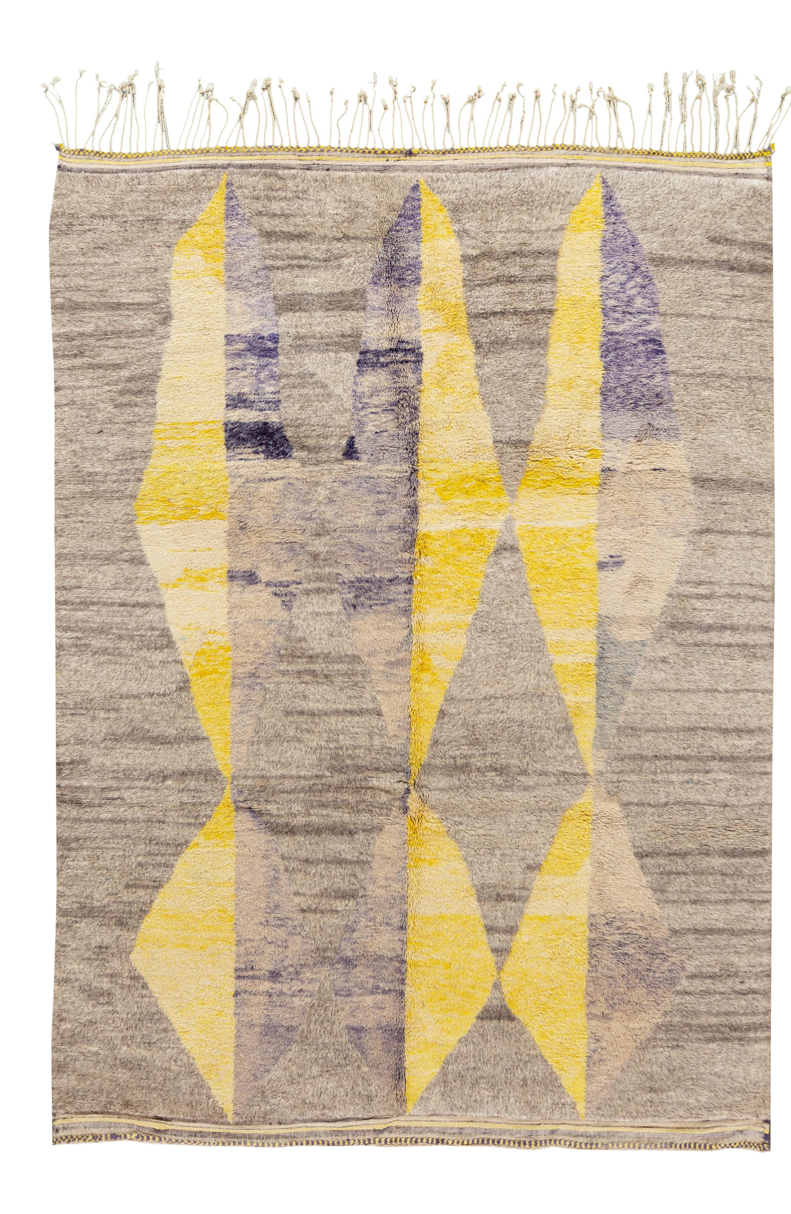 21st Century Multicolored Moroccan Rug: 21st-century Modern Moroccan rug with a tan/gray field, purple, and yellow accents in an abstract geometric design. This rug measure: 7'9' x 10'7". Condition: Imperfections: No Imperfections Materials