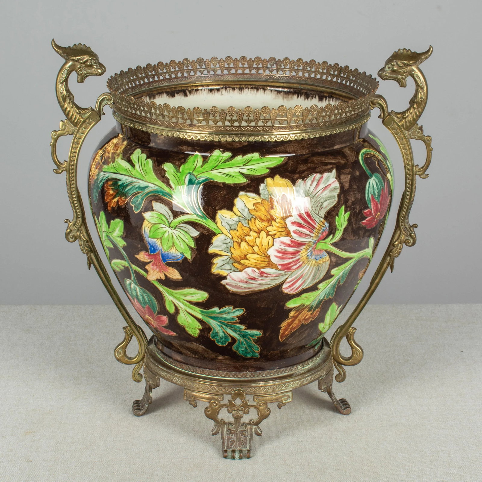 French Art Nouveau Longchamp Bronze Mounted Ceramic Planter - 12