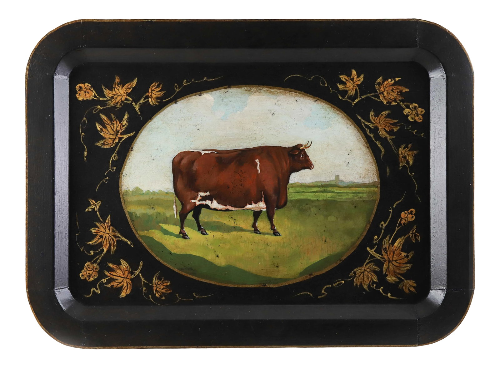 Vintage Farm Animal Tray Depicting Rural Cow/Tray: This vintage tray depicts a mostly brown cow in the rural countryside against a backdrop of tall clouds and green pastures. Condition: Alterations: Original Condition Unaltered Imperfections: Some