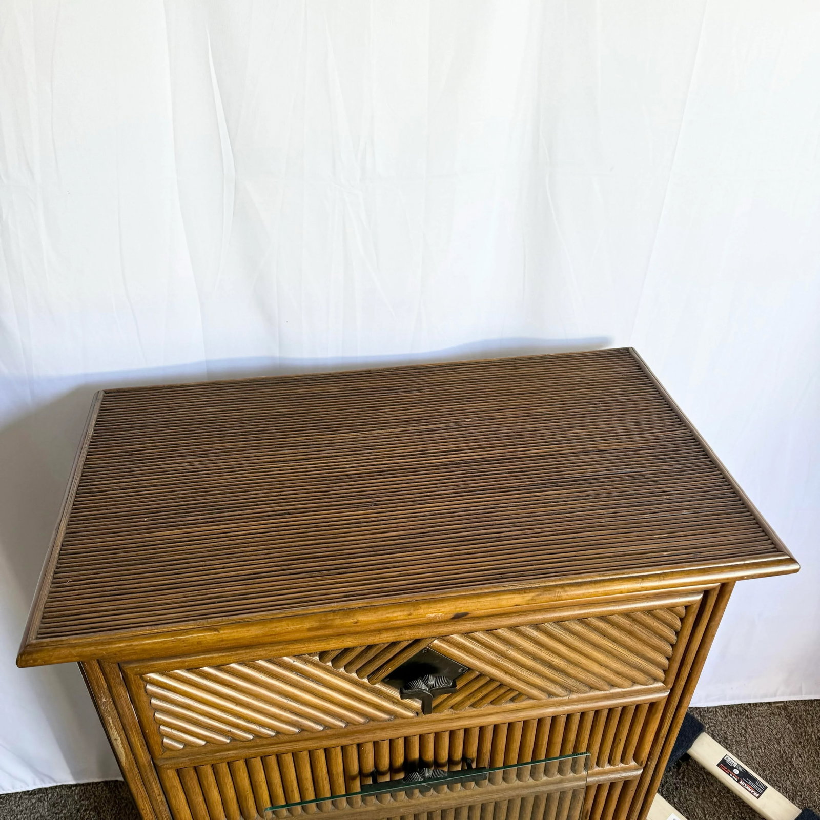 Coastal Boho Rattan Highboy Dresser With Glass Top - 11