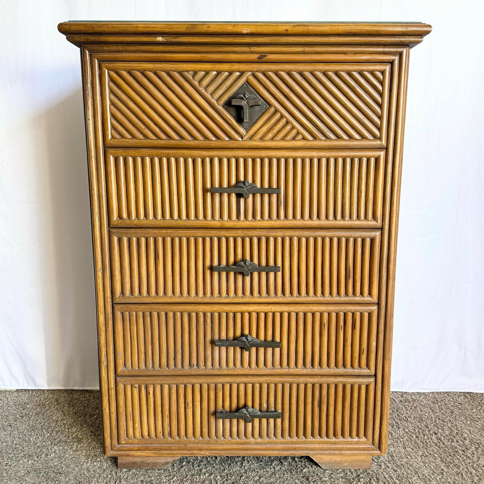 Coastal Boho Rattan Highboy Dresser With Glass Top - 2