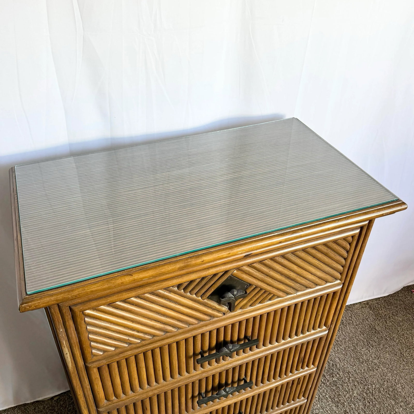 Coastal Boho Rattan Highboy Dresser With Glass Top - 3