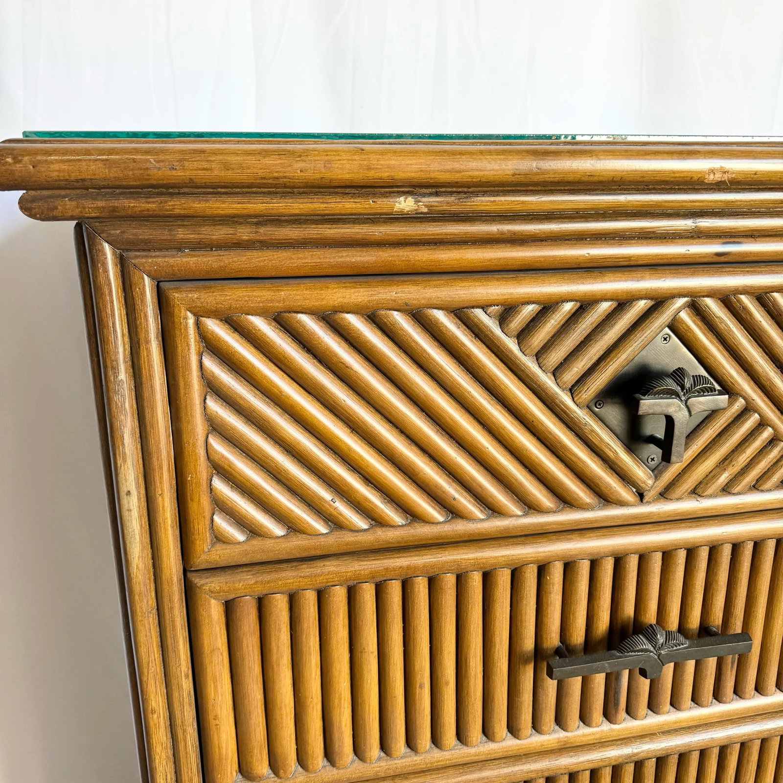 Coastal Boho Rattan Highboy Dresser With Glass Top - 4