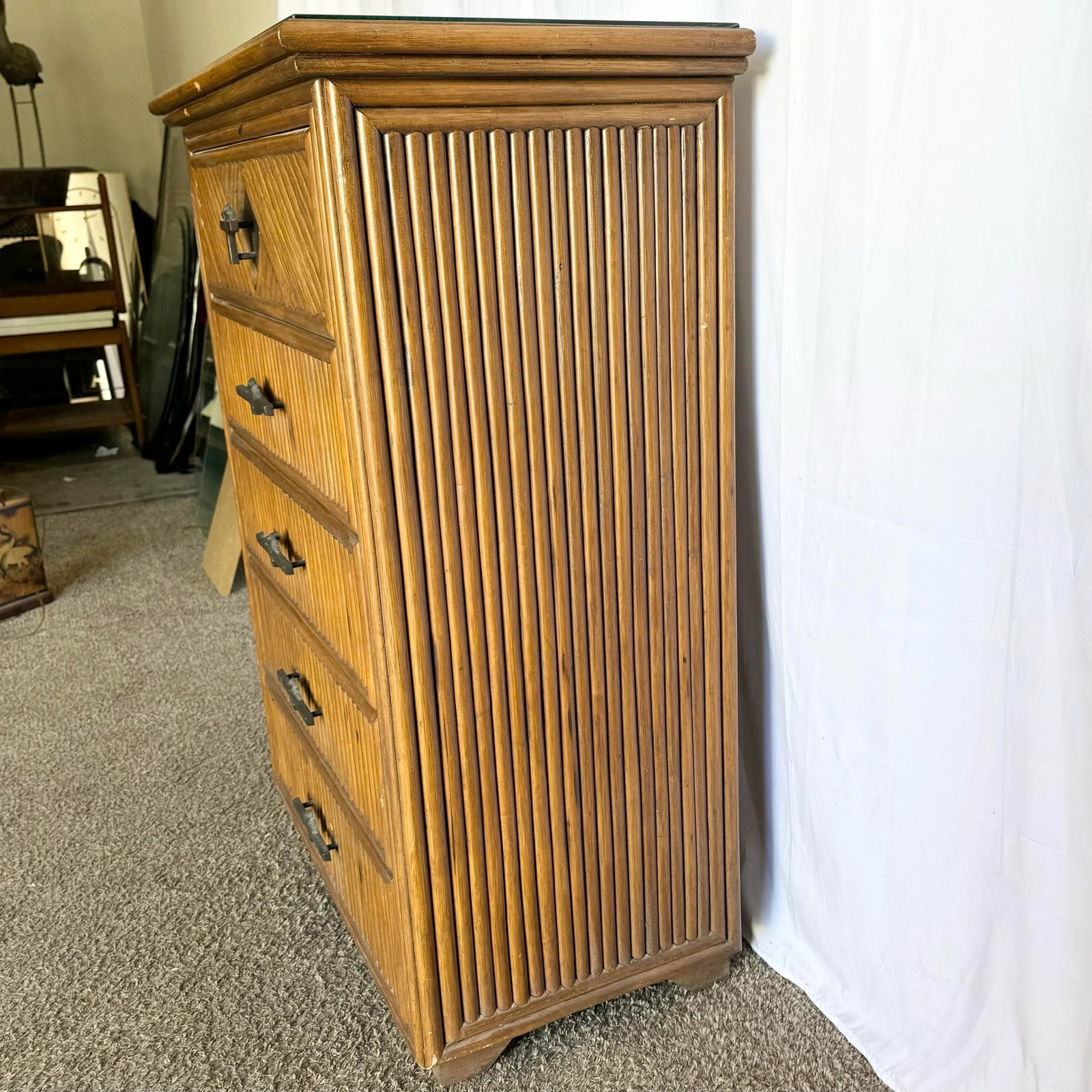 Coastal Boho Rattan Highboy Dresser With Glass Top - 5