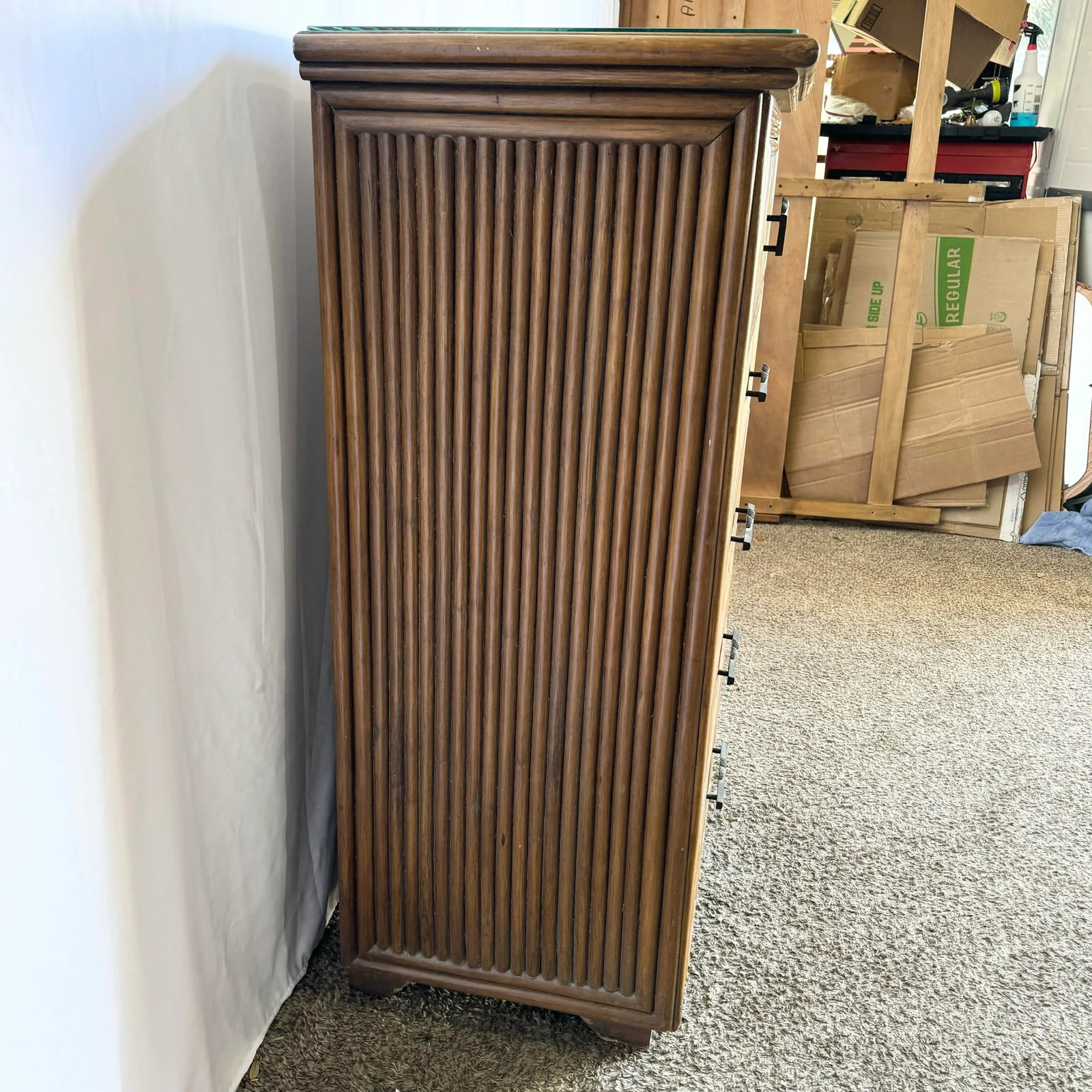 Coastal Boho Rattan Highboy Dresser With Glass Top - 8