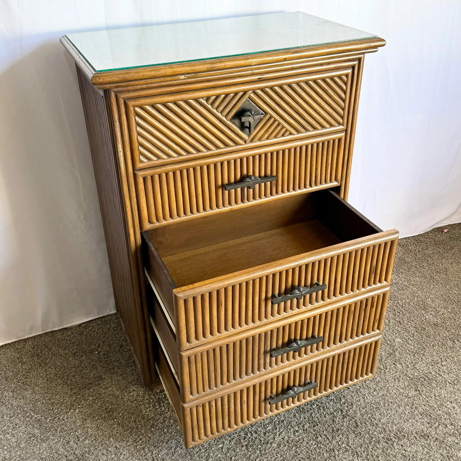 Coastal Boho Rattan Highboy Dresser With Glass Top - 9