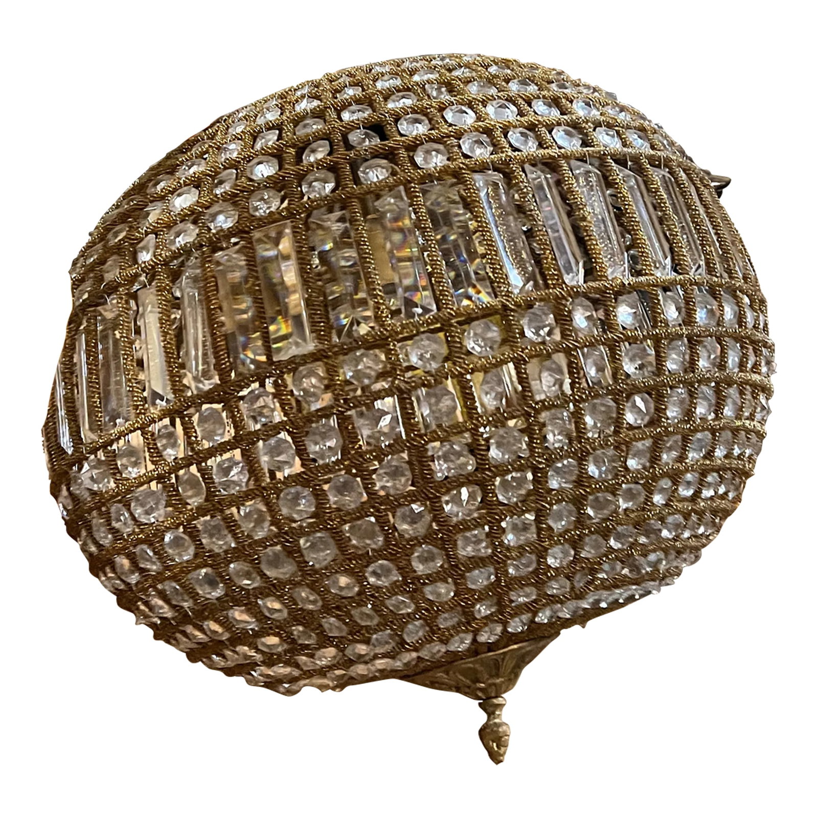 1970s Large Sphere Brass and Crystal Chandelier: Up for consideration is a beautiful large brass and crystal chandelier. This would look lovely in your home and it is a great find for the interior design enthusiast. Please check out my other
