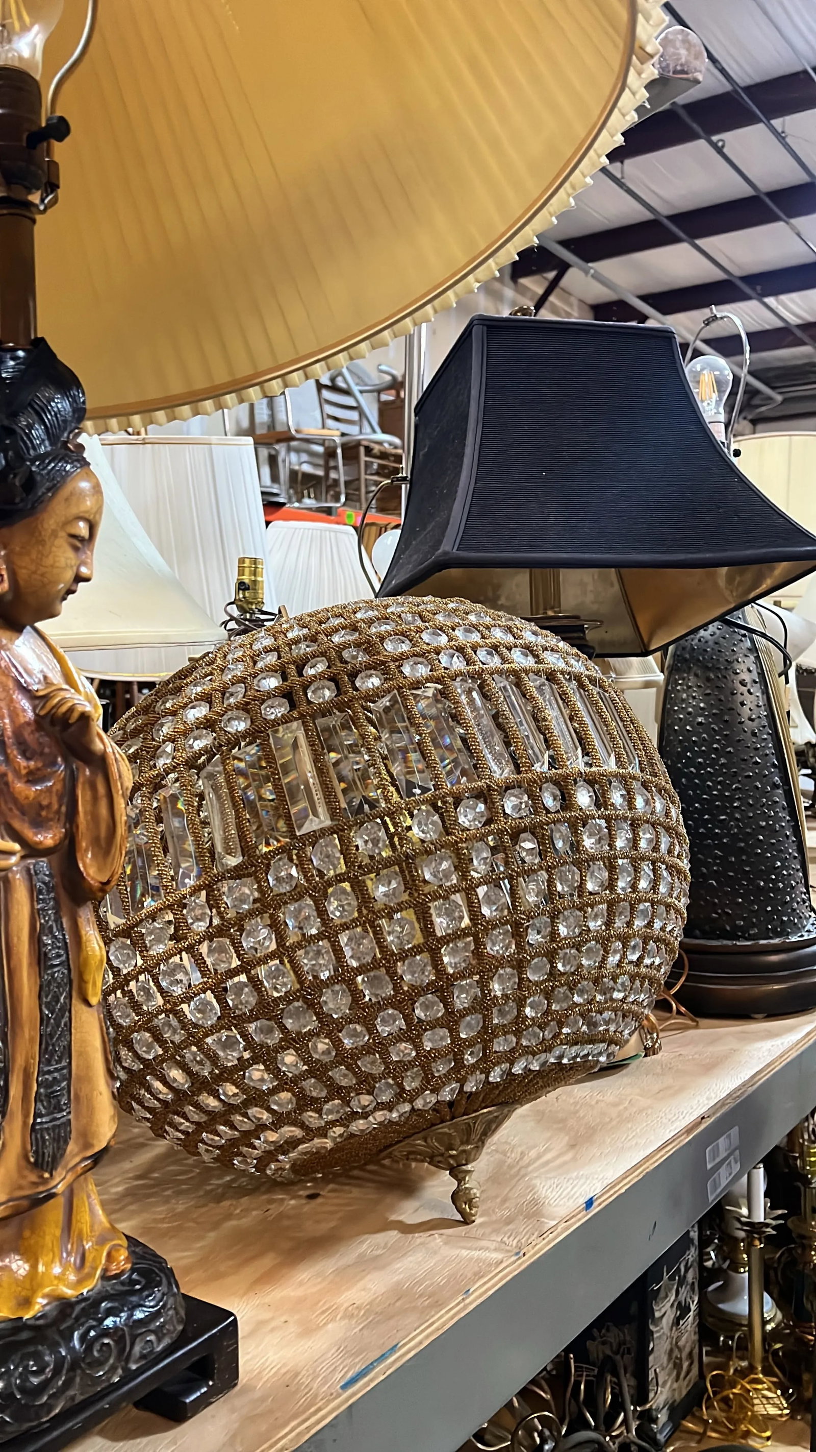 1970s Large Sphere Brass and Crystal Chandelier - 2