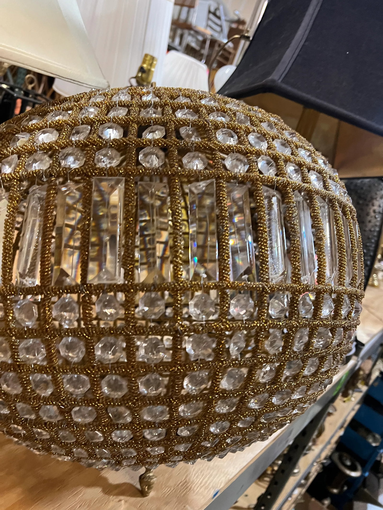 1970s Large Sphere Brass and Crystal Chandelier - 3