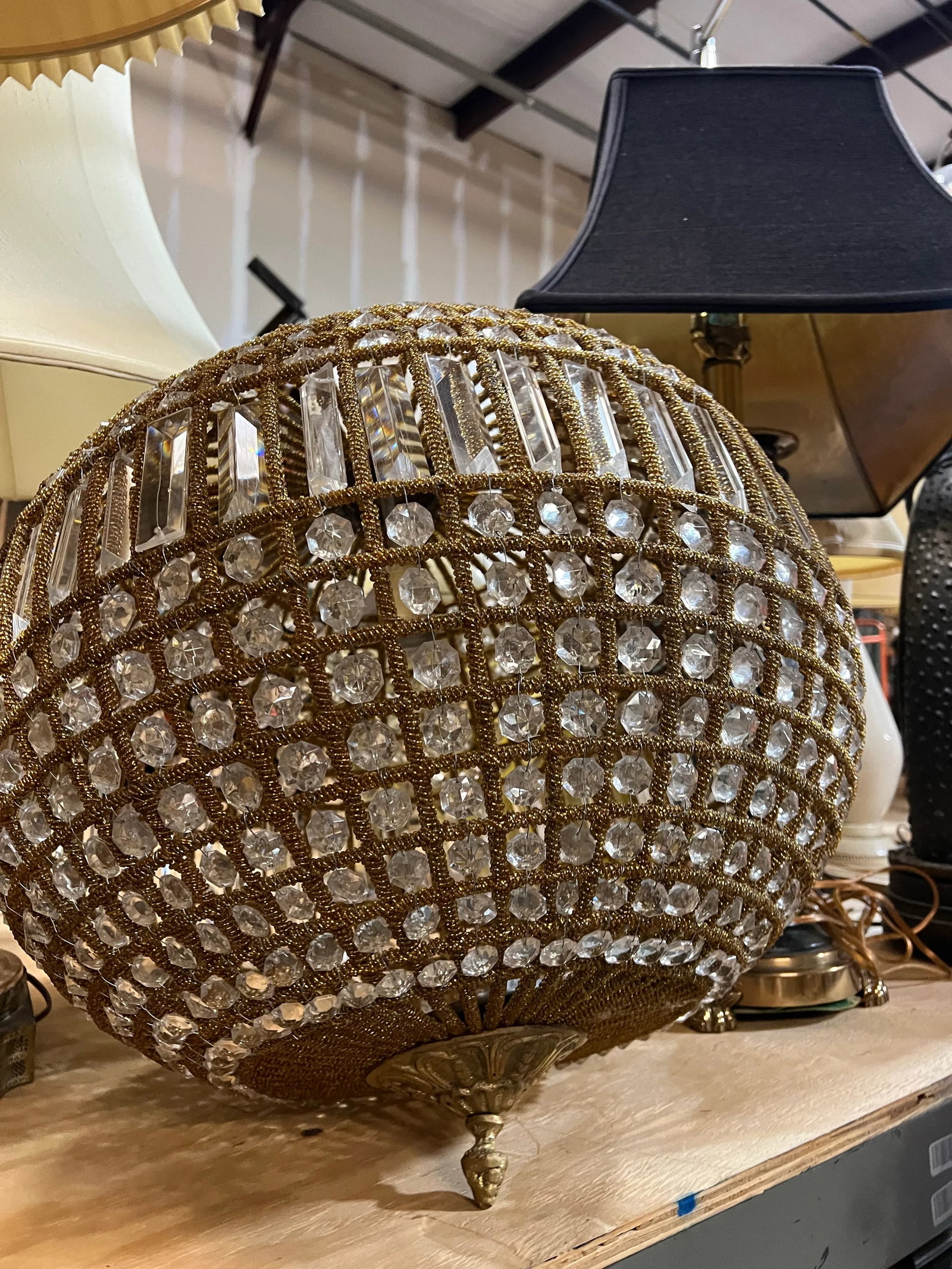1970s Large Sphere Brass and Crystal Chandelier - 4