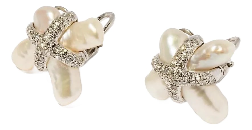 Pair of 1990s Christopher Walling Pearl and Diamond Earrings: Containing 72 single-cut diamonds [H-I/VS] weighing approximately 0.55 carats total; two freeform-shape freshwater cultured pearls measuring approximately 20.90 x 21.90 mm to 20.00 x 23.50 mm;