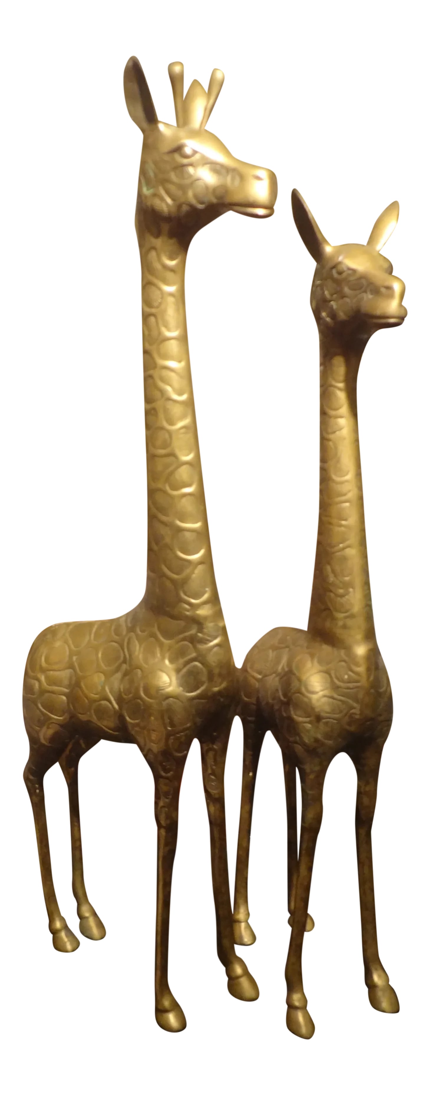 1960s Hollywood Regency Brass Giraffes- a Pair: Great tall pair of well detailed mid-century brass giraffe sculptures or figures, a male and a female. This well detailed pair of Hollywood Regency giraffes, are free standing. Male dimensions: