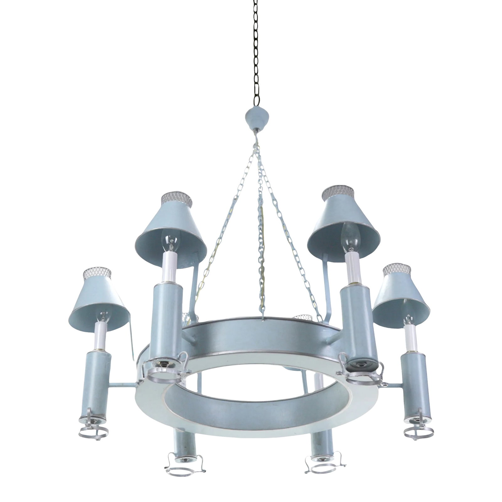 Handmade Iron Classic Ring Light Blue Silver-Plated Edge Six-Light Chandelier: Handmade Iron Classic Ring Light Blue Silver-plated Edge Six-Light Chandelier There is a 12" chain with canopy to the ceiling. Condition: Alterations: Original Condition Unaltered Imperfections: Some
