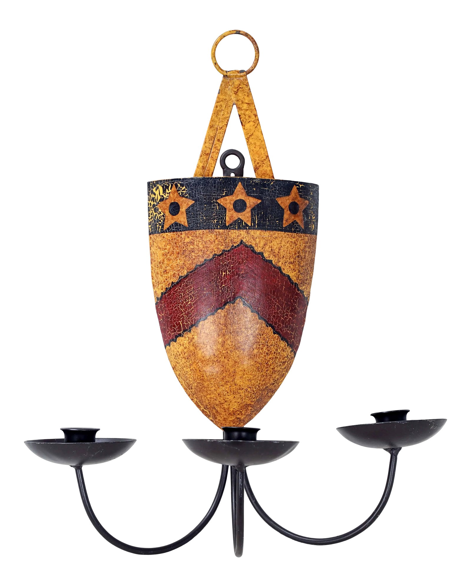 Three Star Red Arrow Family Crest Shield Wall Candelabra Sconce: This vintage shield emblem candelabra sconce catches the eye with a red arrow and 3 stars design on a background of rustic yellow. It hangs on the wall and has space for 3 candles. Not electrified.