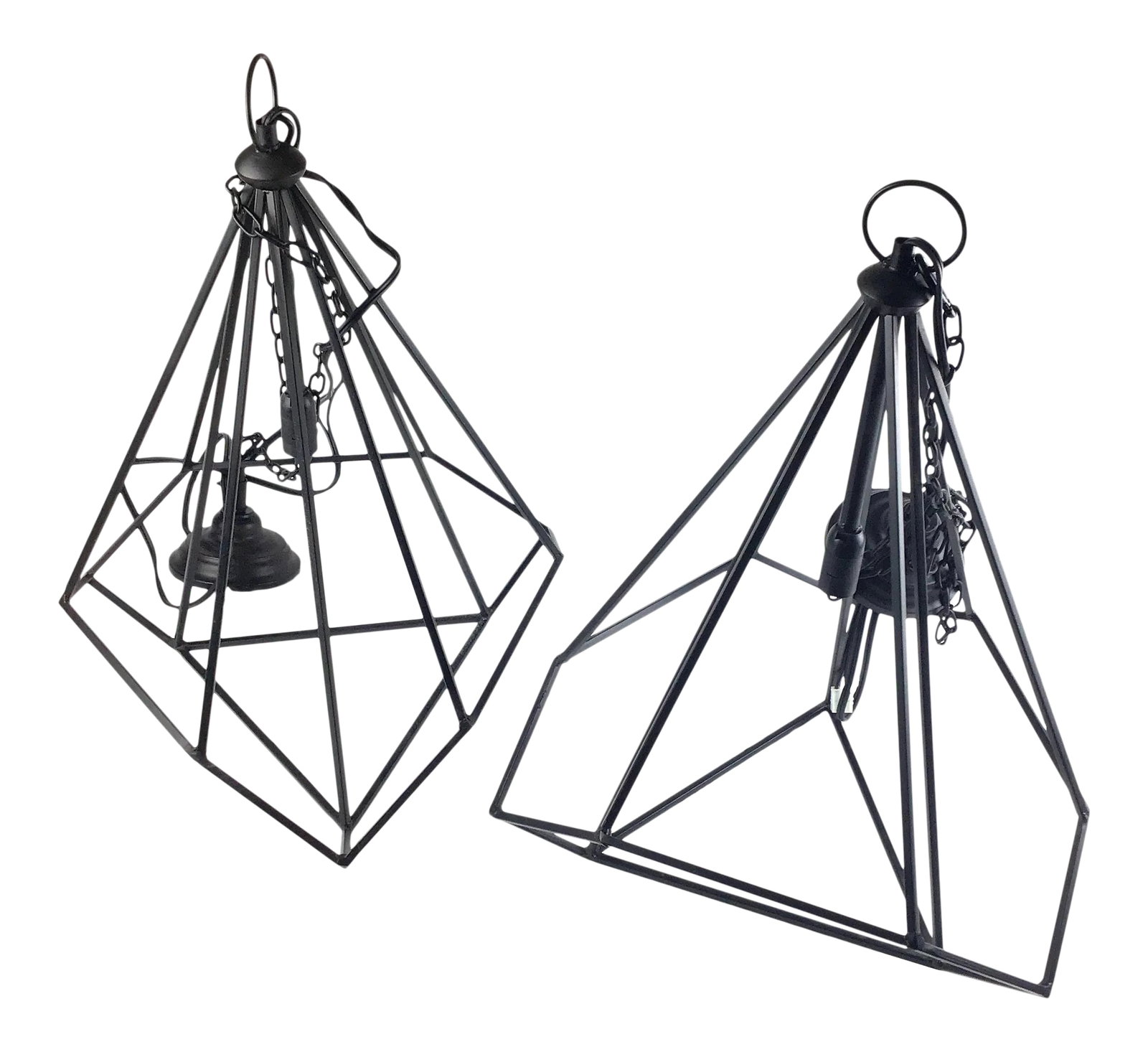 Black Modern Hanging Ceiling Chandeliers - a Pair: These vintage ceiling lights have never been used and are in perfect condition. They will be perfect for dramatic ambiance because there is only one bulb holder in each light and it is a small one
