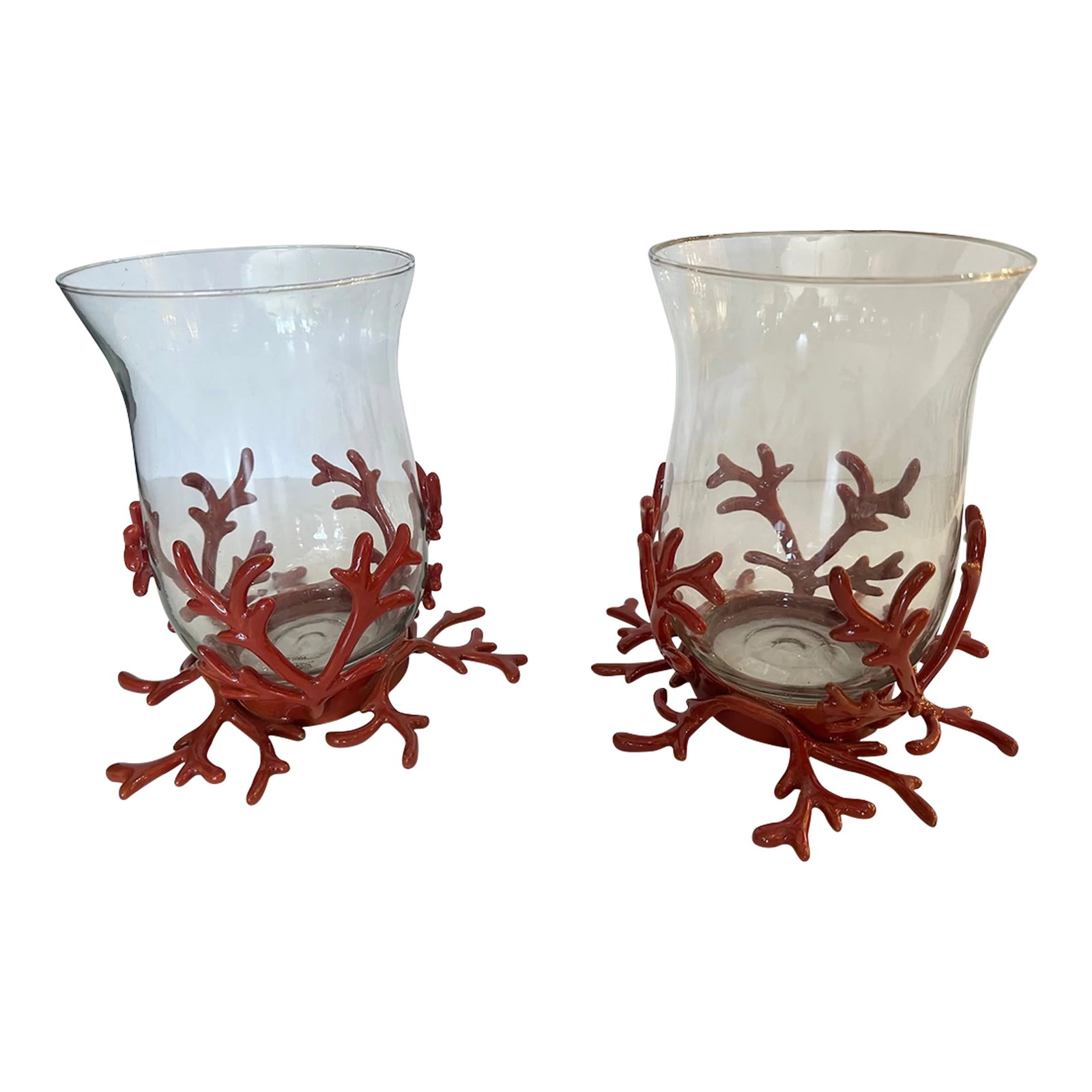 Glass Hurricanes in Faux Coral Iron Bases -A Pair: Pair of stylish glass hurricanes having faux coral iron enamel bases. Condition: Alterations: Original Condition Unaltered Imperfections: Some Imperfections Condition Notes: Good. Wear consistent