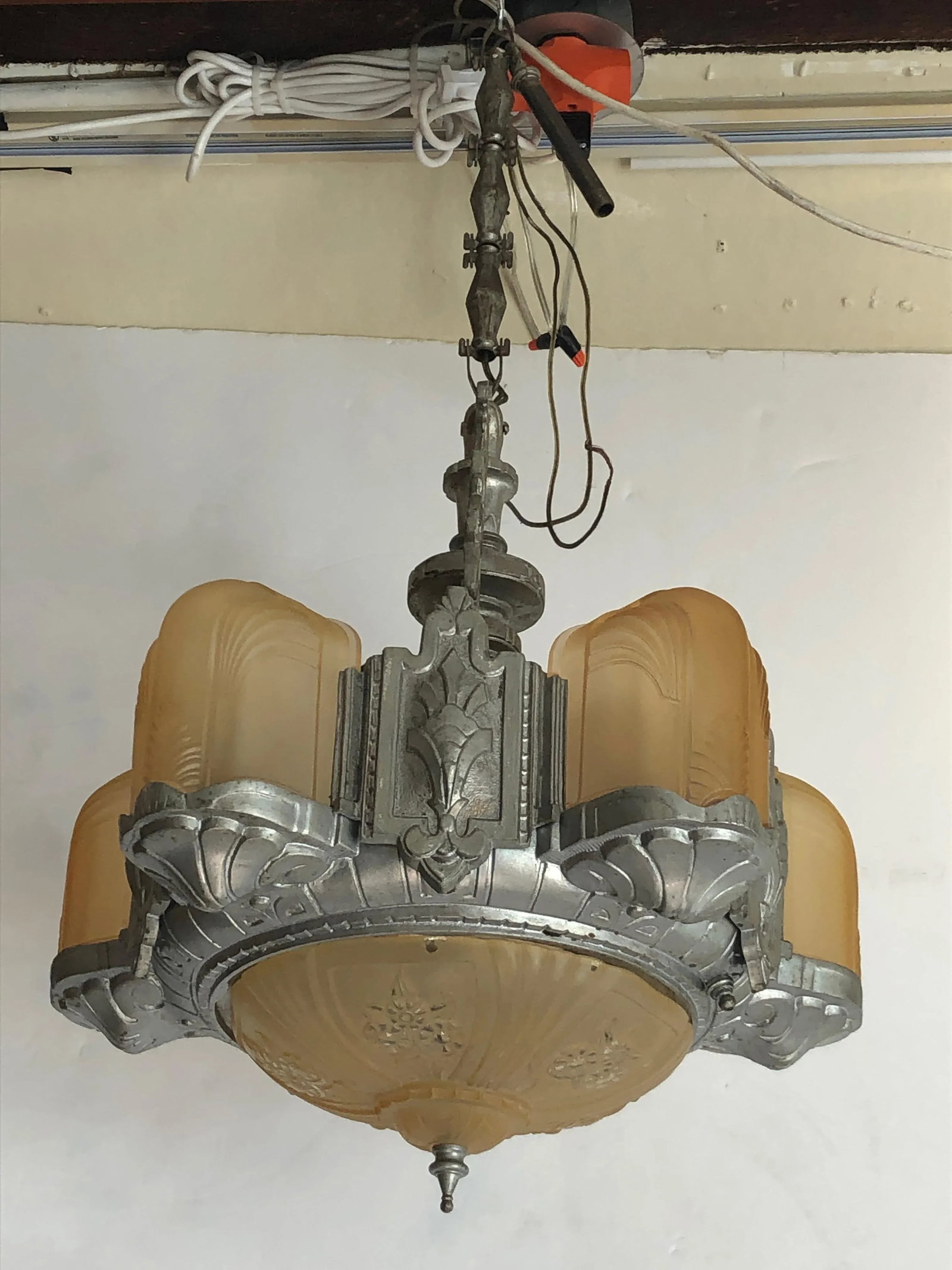 Art Deco Metal and Gold Frosted Glass Chandelier - 11
