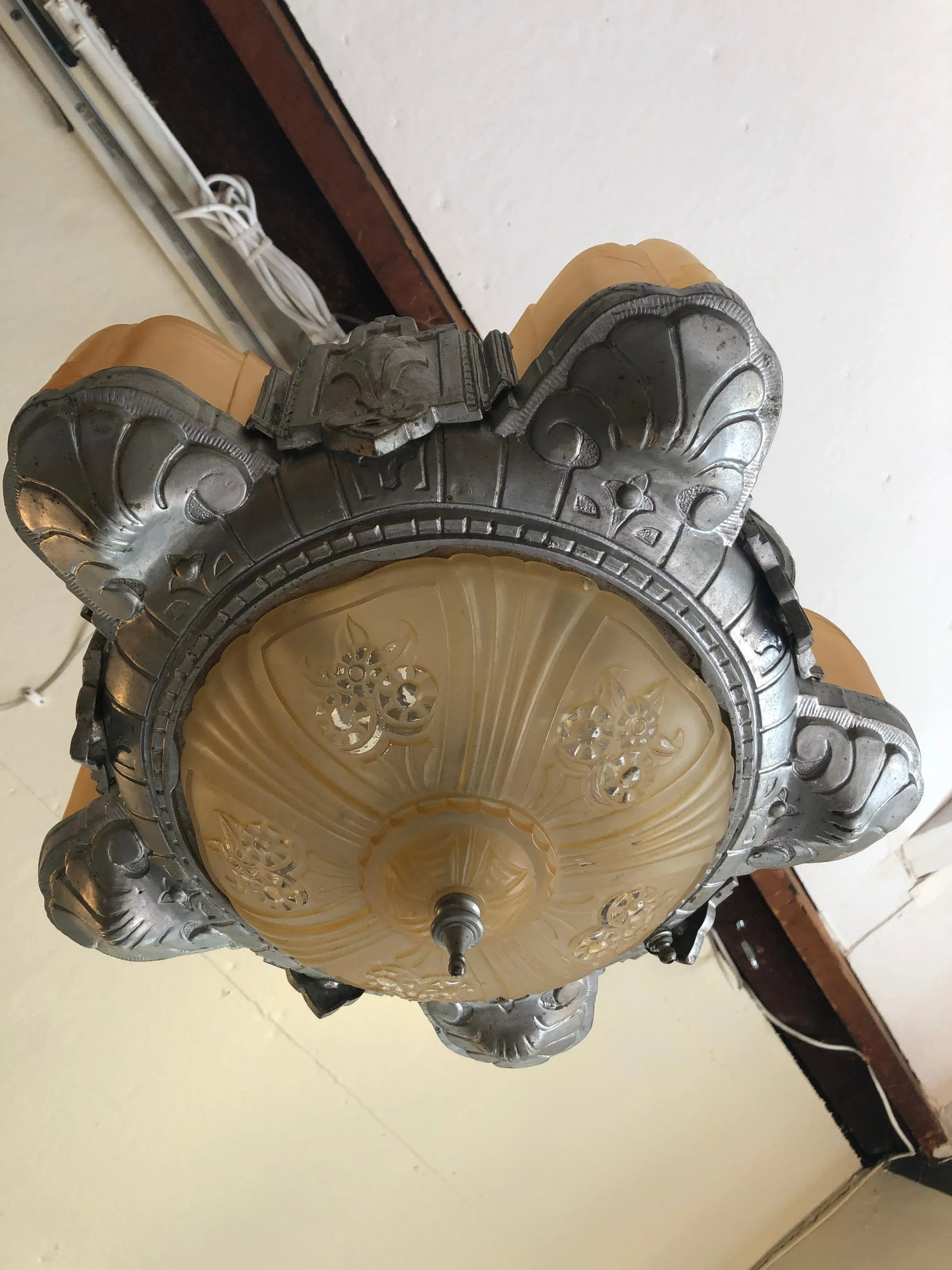 Art Deco Metal and Gold Frosted Glass Chandelier - 3