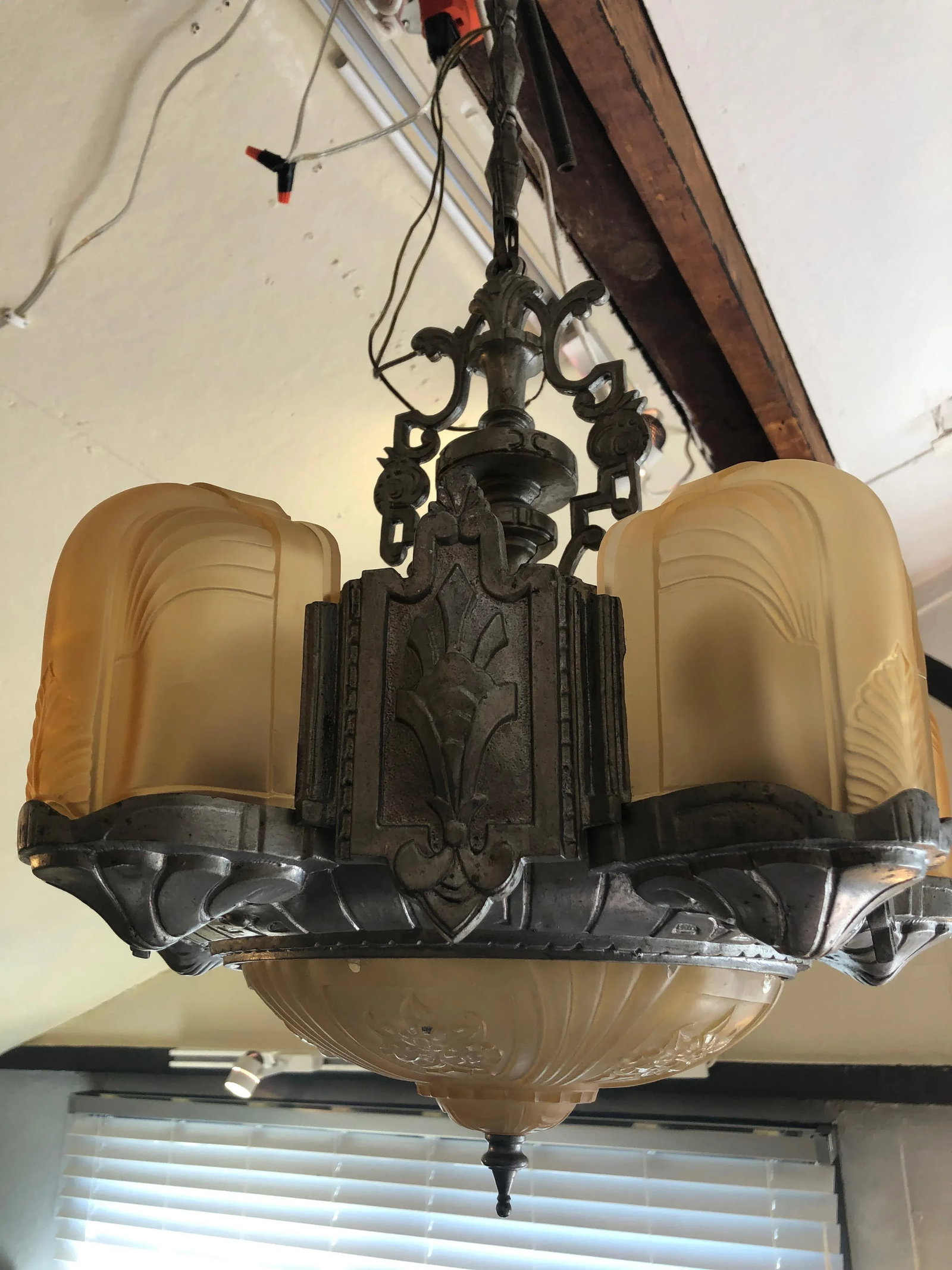 Art Deco Metal and Gold Frosted Glass Chandelier - 6