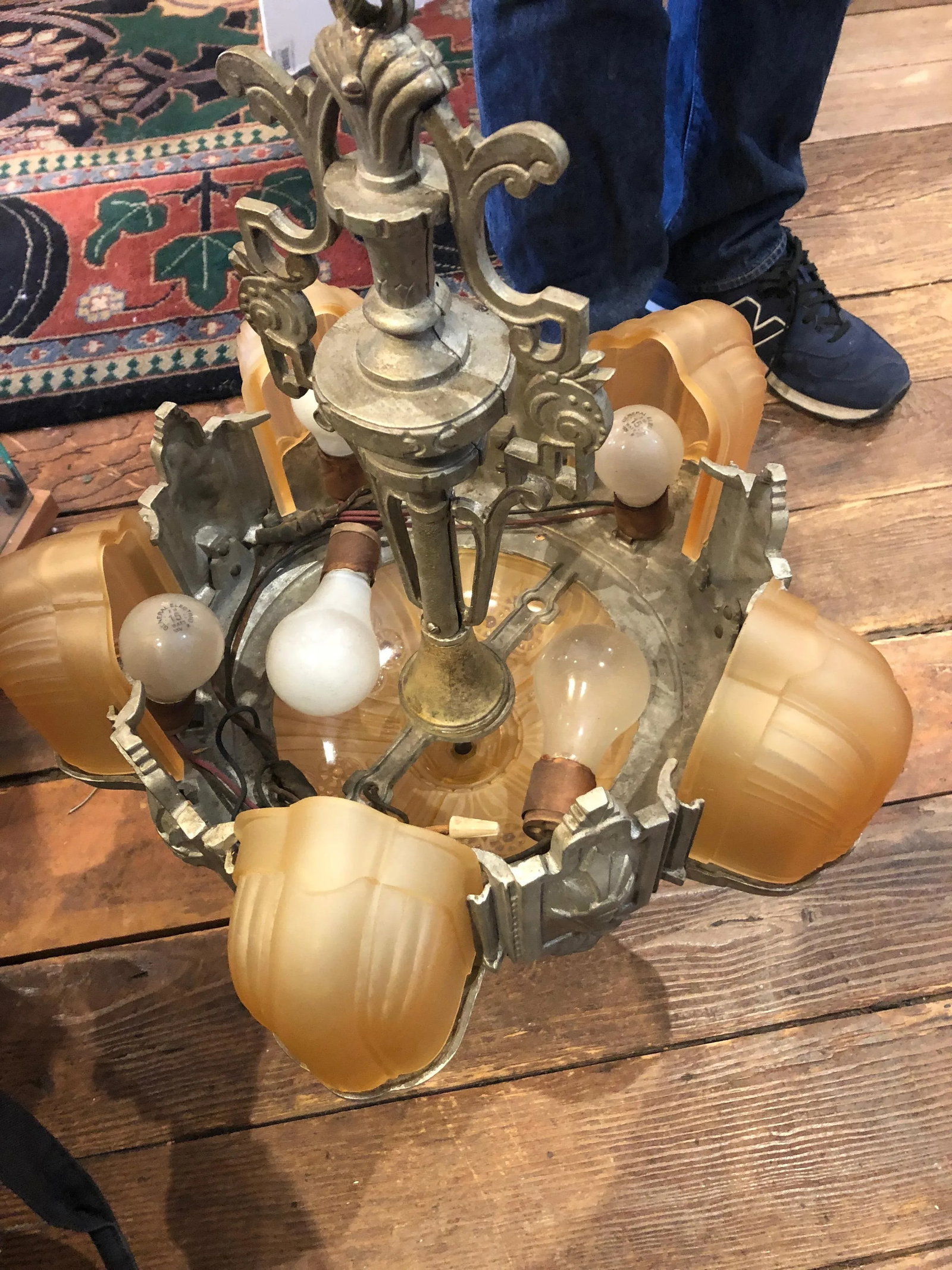 Art Deco Metal and Gold Frosted Glass Chandelier - 8