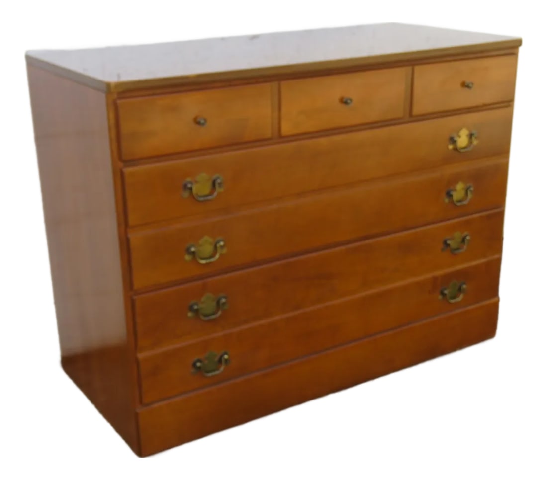 Ethan Allen Maple Low Dresser Bathroom Vanity 6108: This Dresser is made of wood, solid wood, solid maple, veneer, laminated, and metal. This Dresser has beautiful Traditional design with a classic silhouette, timeless details, and a lovely maple