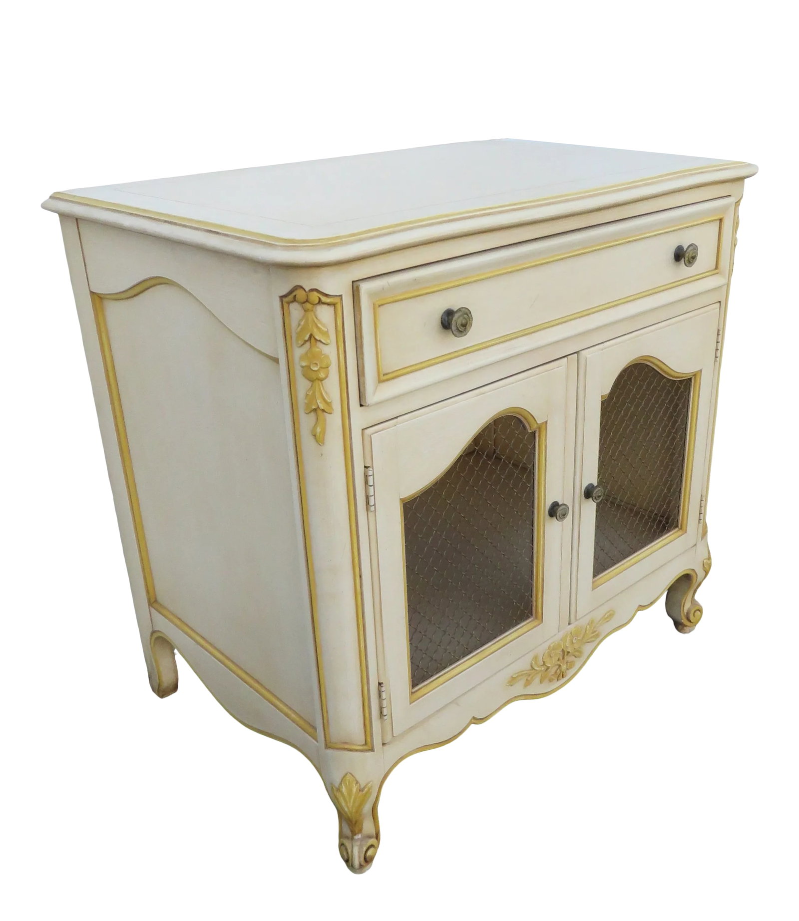 Kindel French Shabby Chic Painted Large Nightstand Side End Table: This beautiful nightstand is made of wood, metal, and is in good condition. The Nightstand was made by Kindel Furniture. This gorgeous end table feature highly elegant French style with classic