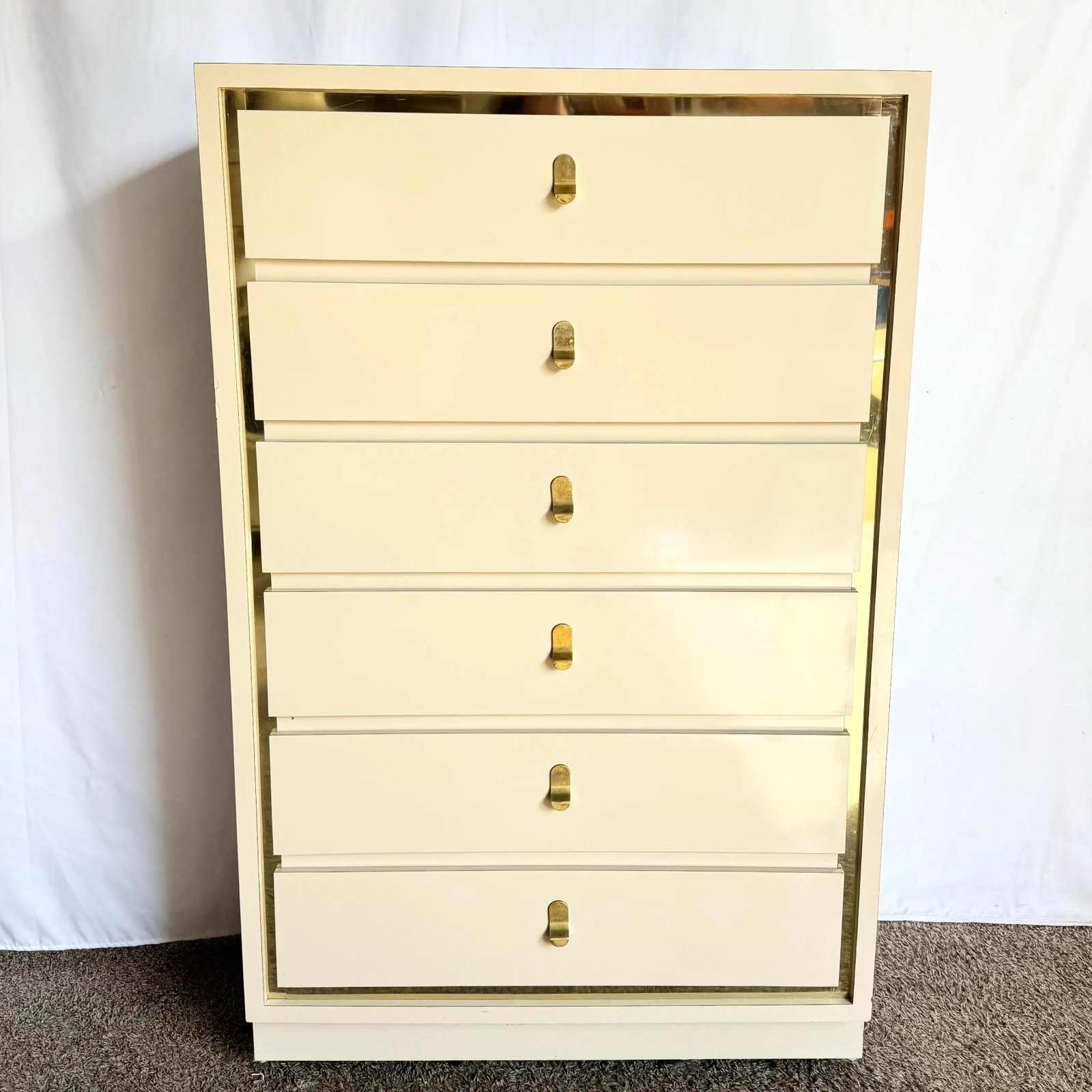 Postmodern Cream Laminate Highboy Dresser With Gold Accents - 2