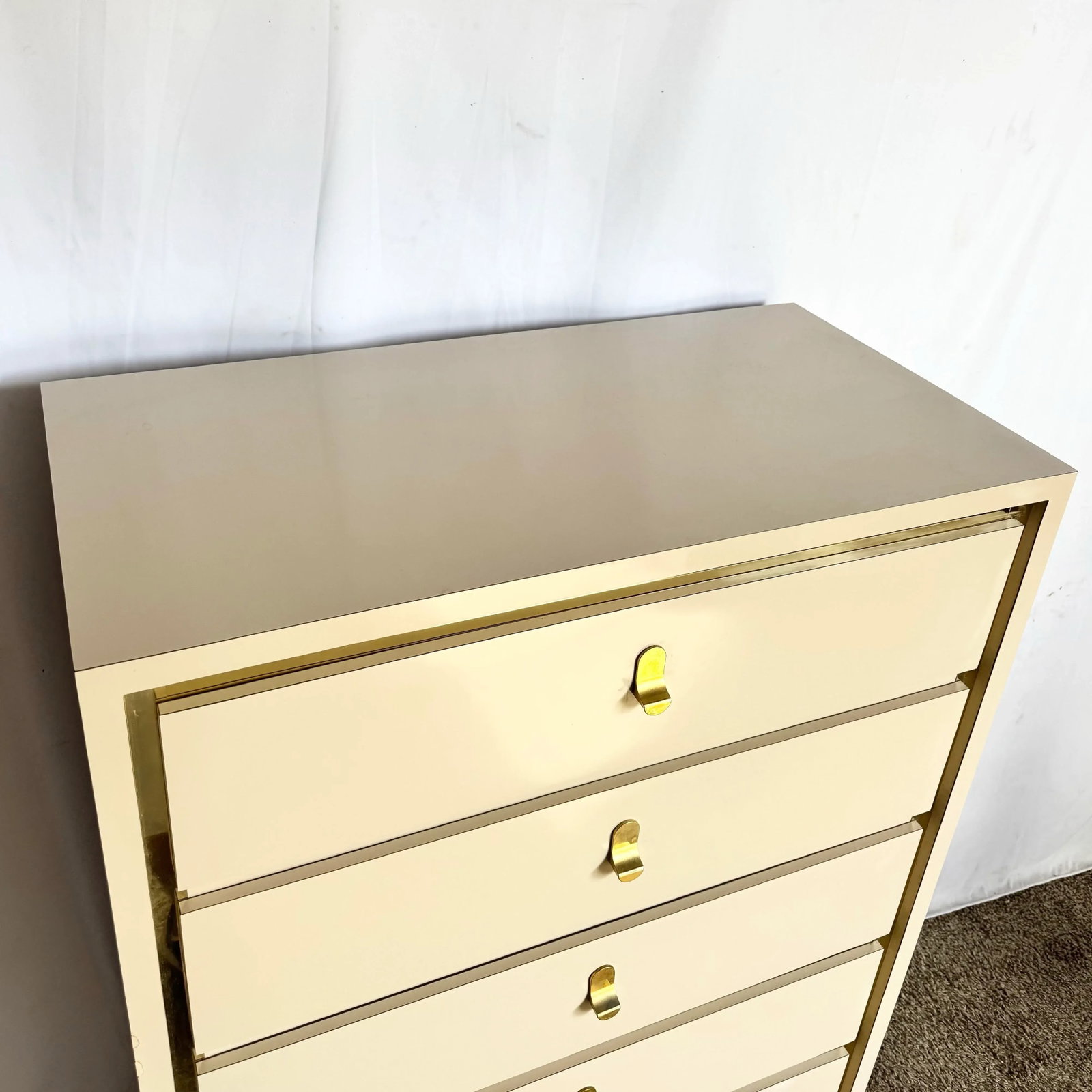 Postmodern Cream Laminate Highboy Dresser With Gold Accents - 3