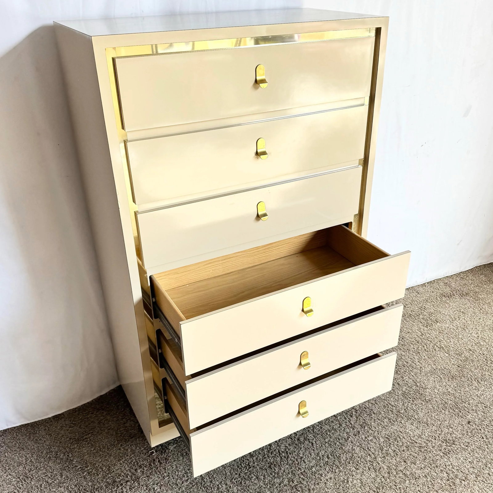 Postmodern Cream Laminate Highboy Dresser With Gold Accents - 4